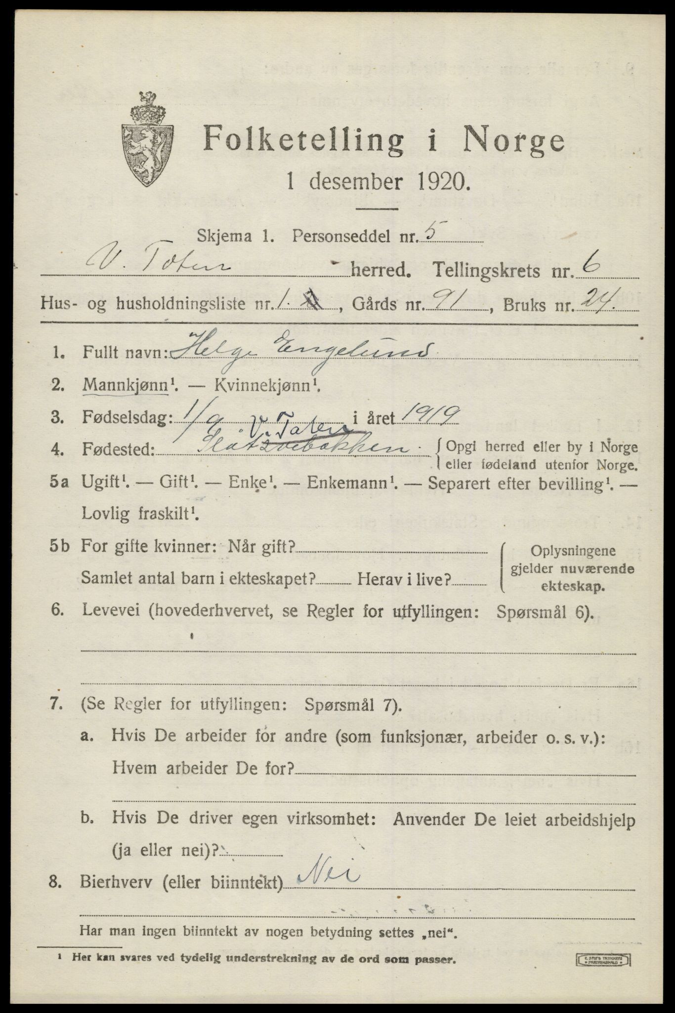 SAH, 1920 census for Vestre Toten, 1920, p. 8192