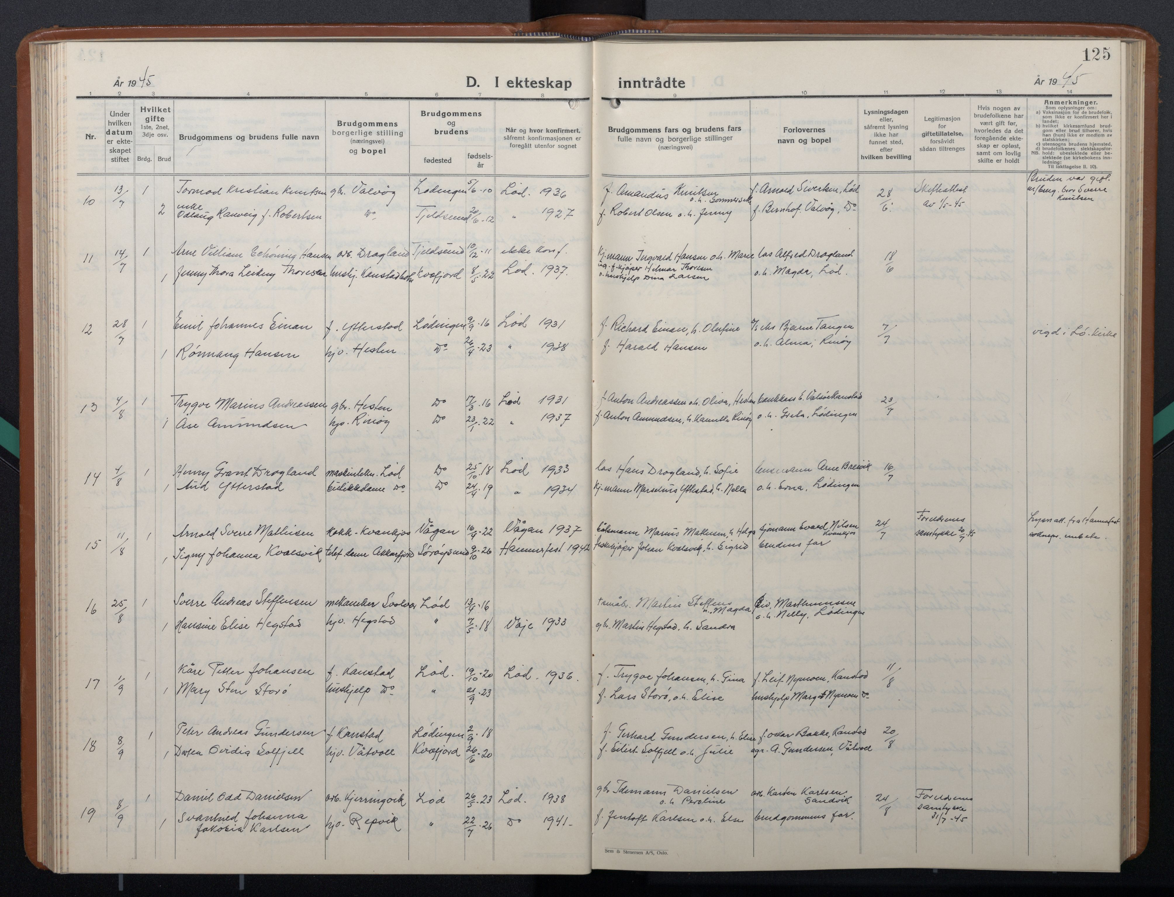 Ministerialprotokoller, klokkerbøker og fødselsregistre - Nordland, AV/SAT-A-1459/872/L1051: Parish register (copy) no. 872C07, 1939-1947, p. 125