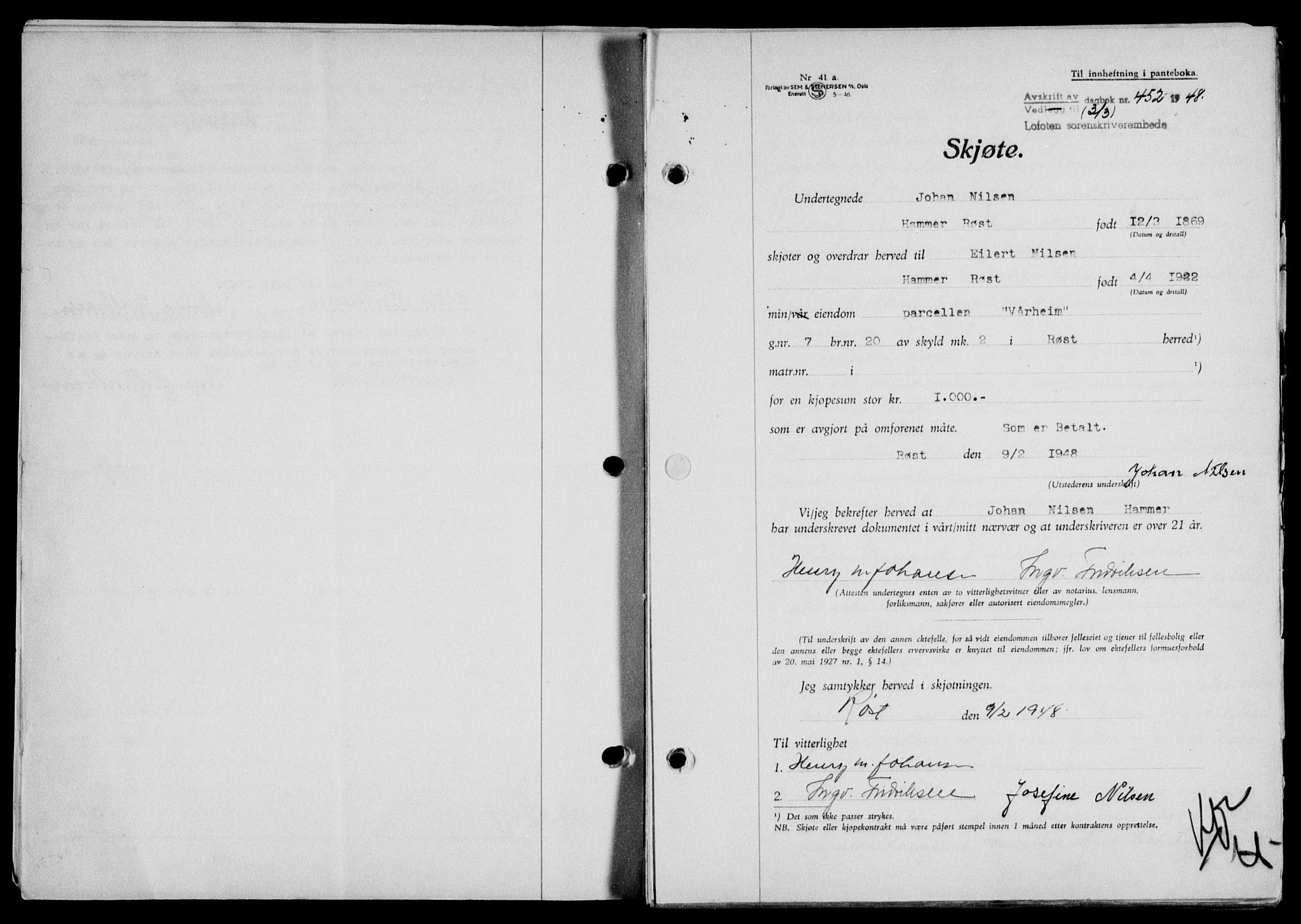 Lofoten sorenskriveri, SAT/A-0017/1/2/2C/L0018a: Mortgage book no. 18a, 1948-1948, Diary no: : 452/1948