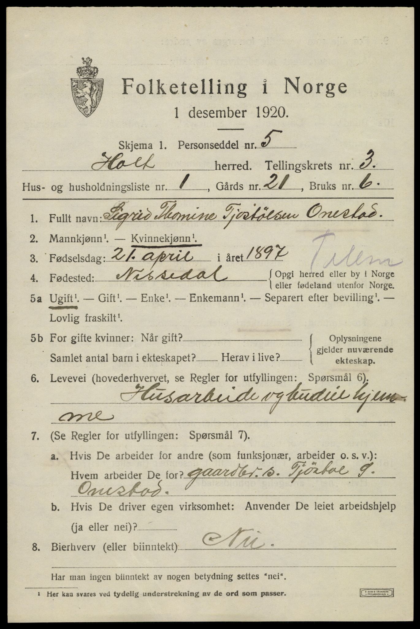 SAK, 1920 census for Holt, 1920, p. 2376