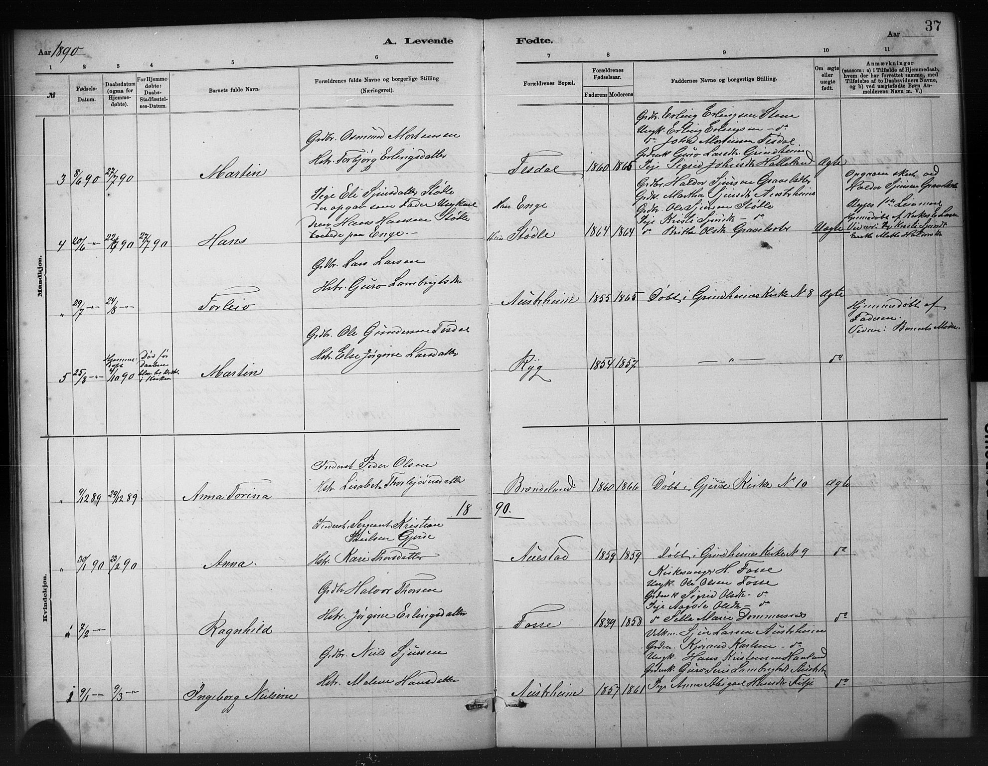 Etne sokneprestembete, SAB/A-75001/H/Hab: Parish register (copy) no. A 5, 1879-1896, p. 37