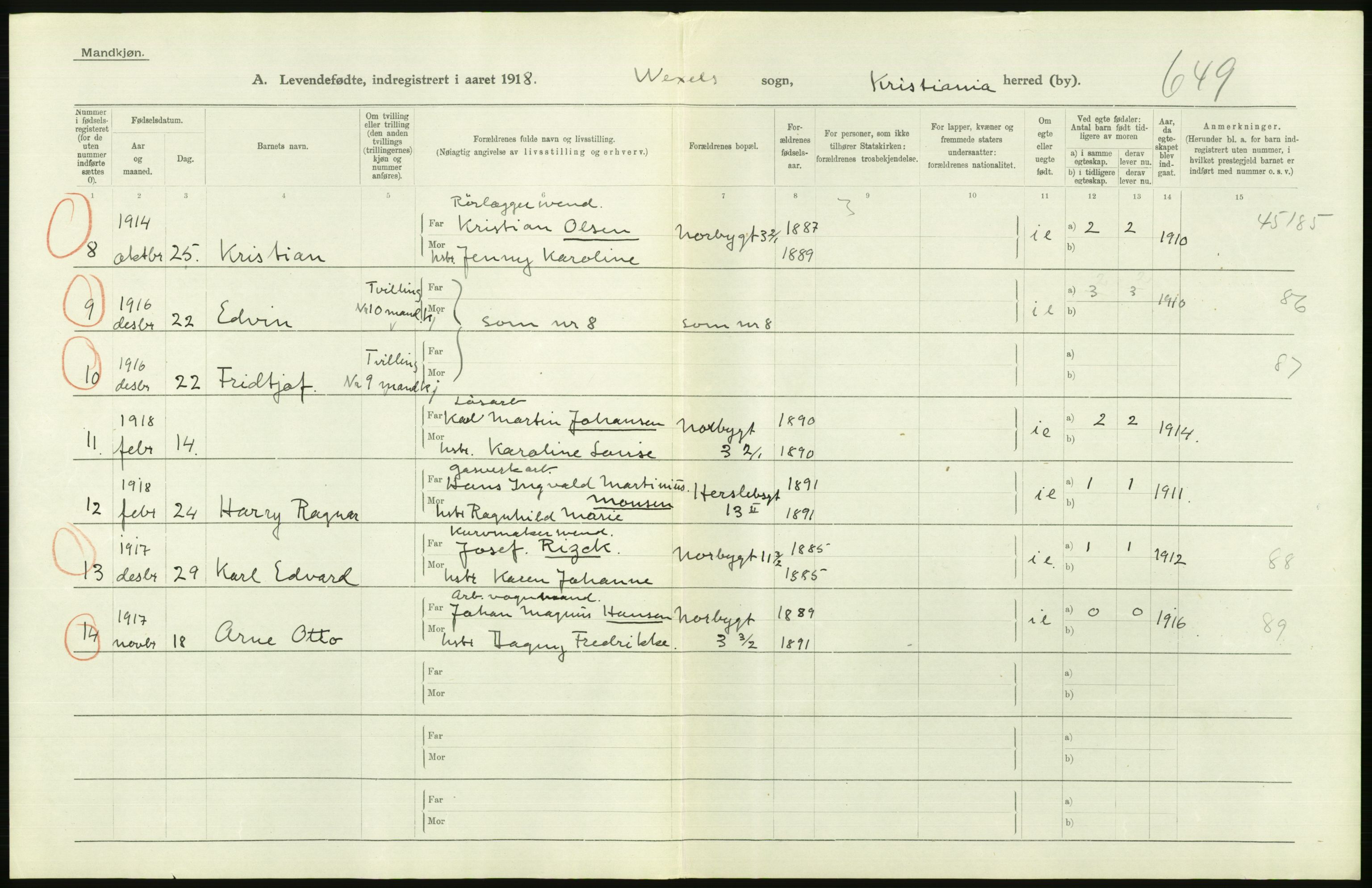 Statistisk sentralbyrå, Sosiodemografiske emner, Befolkning, AV/RA-S-2228/D/Df/Dfb/Dfbh/L0008: Kristiania: Levendefødte menn og kvinner., 1918, p. 786