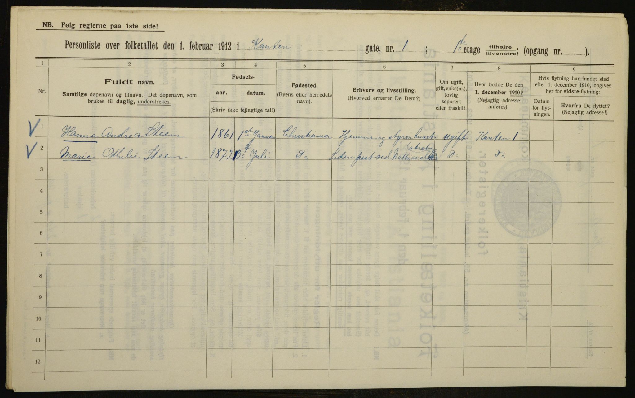 OBA, Municipal Census 1912 for Kristiania, 1912, p. 48445