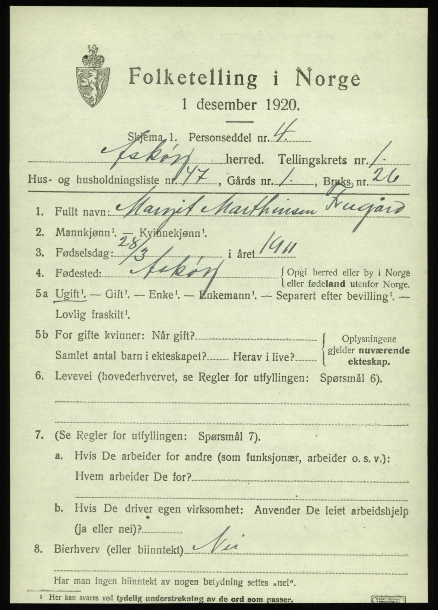 SAB, 1920 census for Askøy, 1920, p. 4016