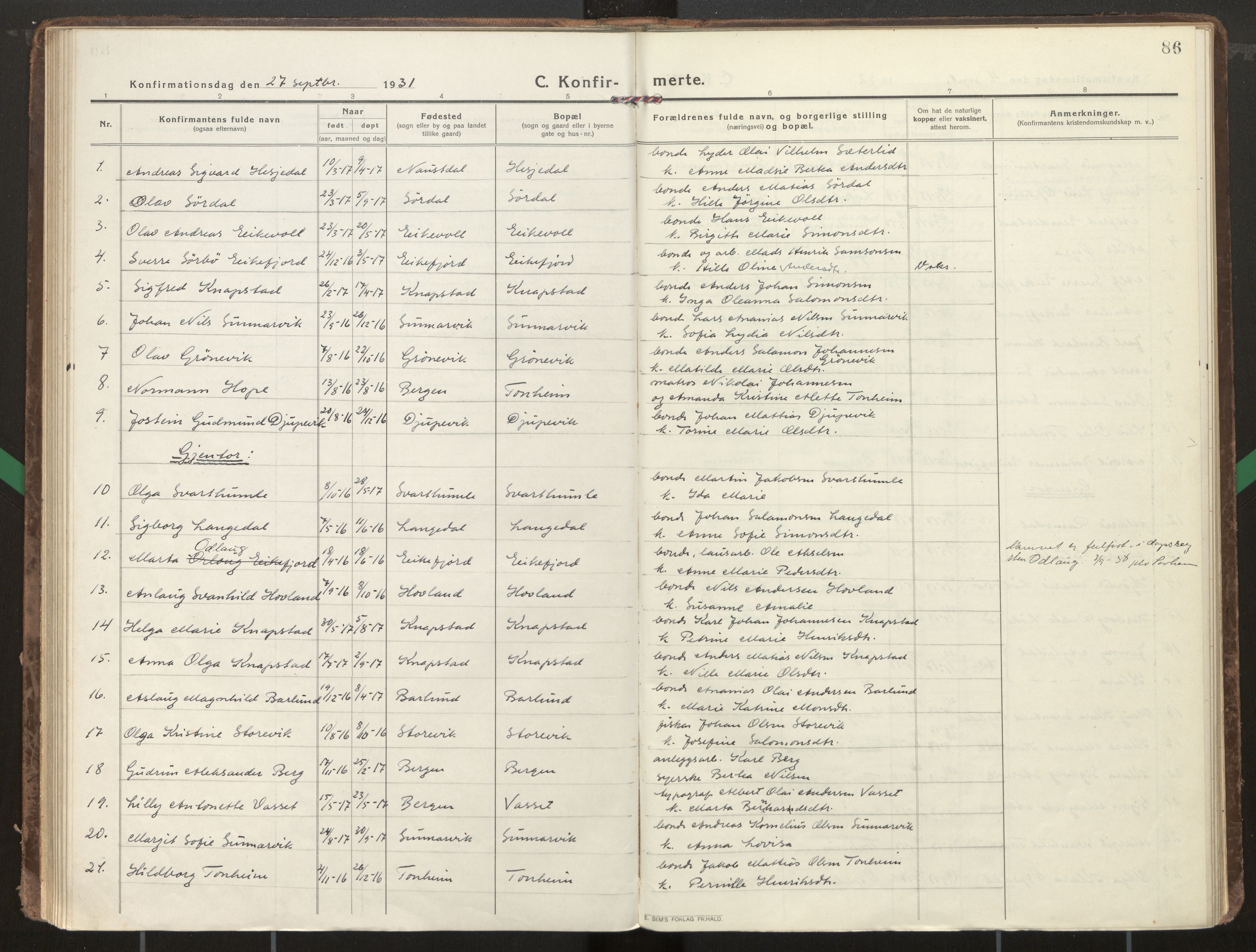 Kinn sokneprestembete, AV/SAB-A-80801/H/Haa/Haae/L0002: Parish register (official) no. E 2, 1917-1937, p. 86