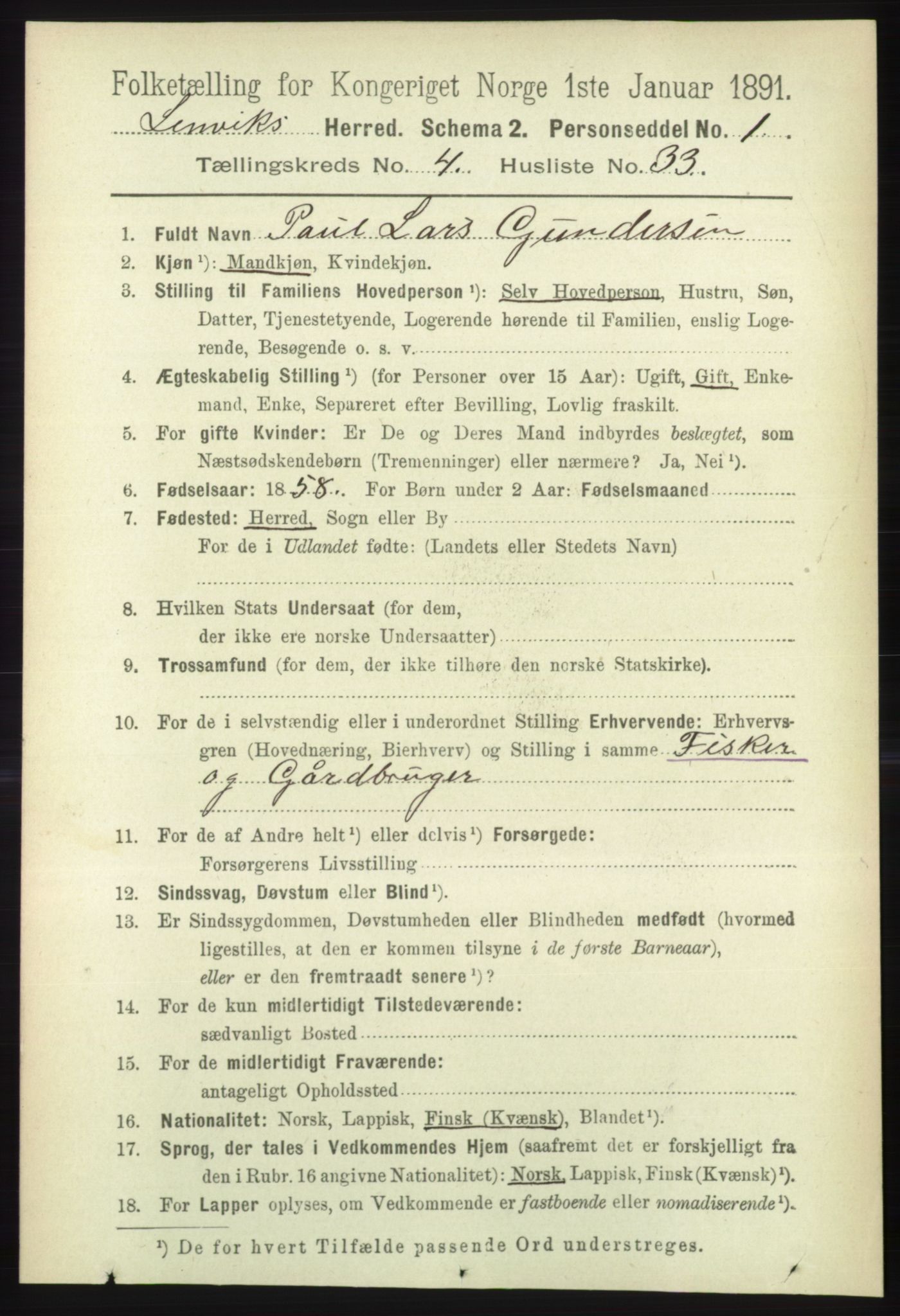 RA, 1891 census for 1931 Lenvik, 1891, p. 2105