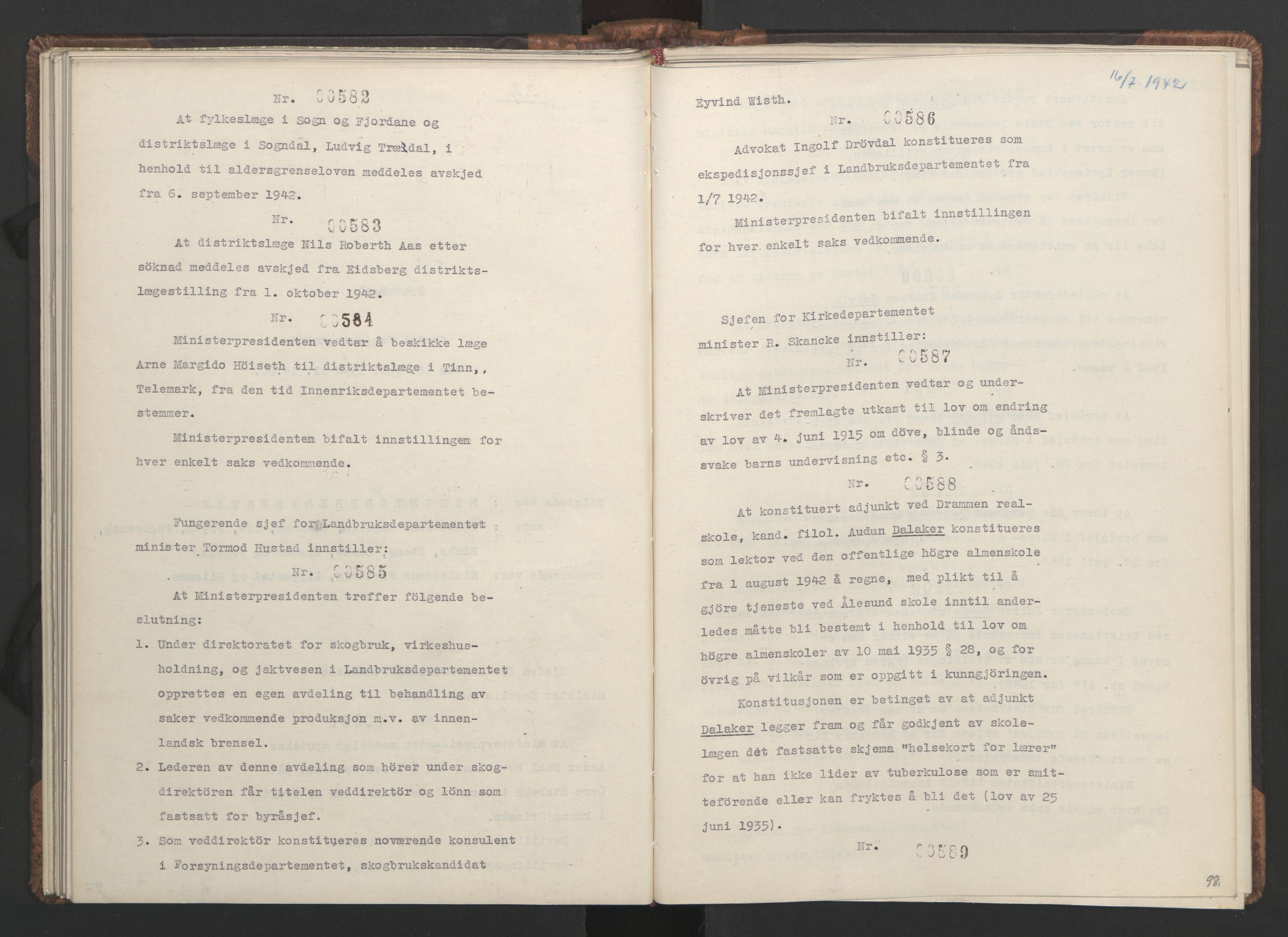 NS-administrasjonen 1940-1945 (Statsrådsekretariatet, de kommisariske statsråder mm), RA/S-4279/D/Da/L0001: Beslutninger og tillegg (1-952 og 1-32), 1942, p. 101