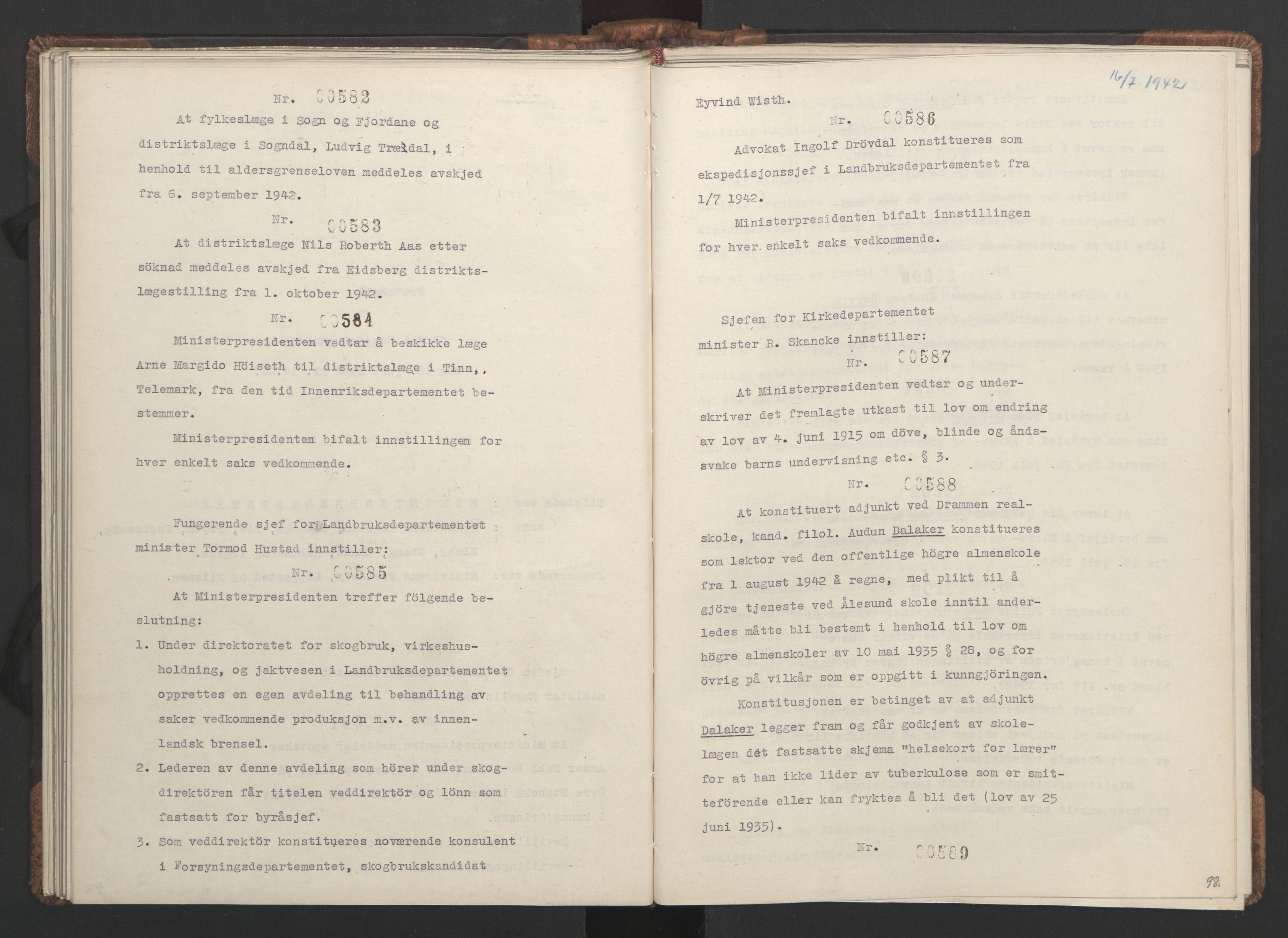 NS-administrasjonen 1940-1945 (Statsrådsekretariatet, de kommisariske statsråder mm), AV/RA-S-4279/D/Da/L0001: Beslutninger og tillegg (1-952 og 1-32), 1942, p. 101