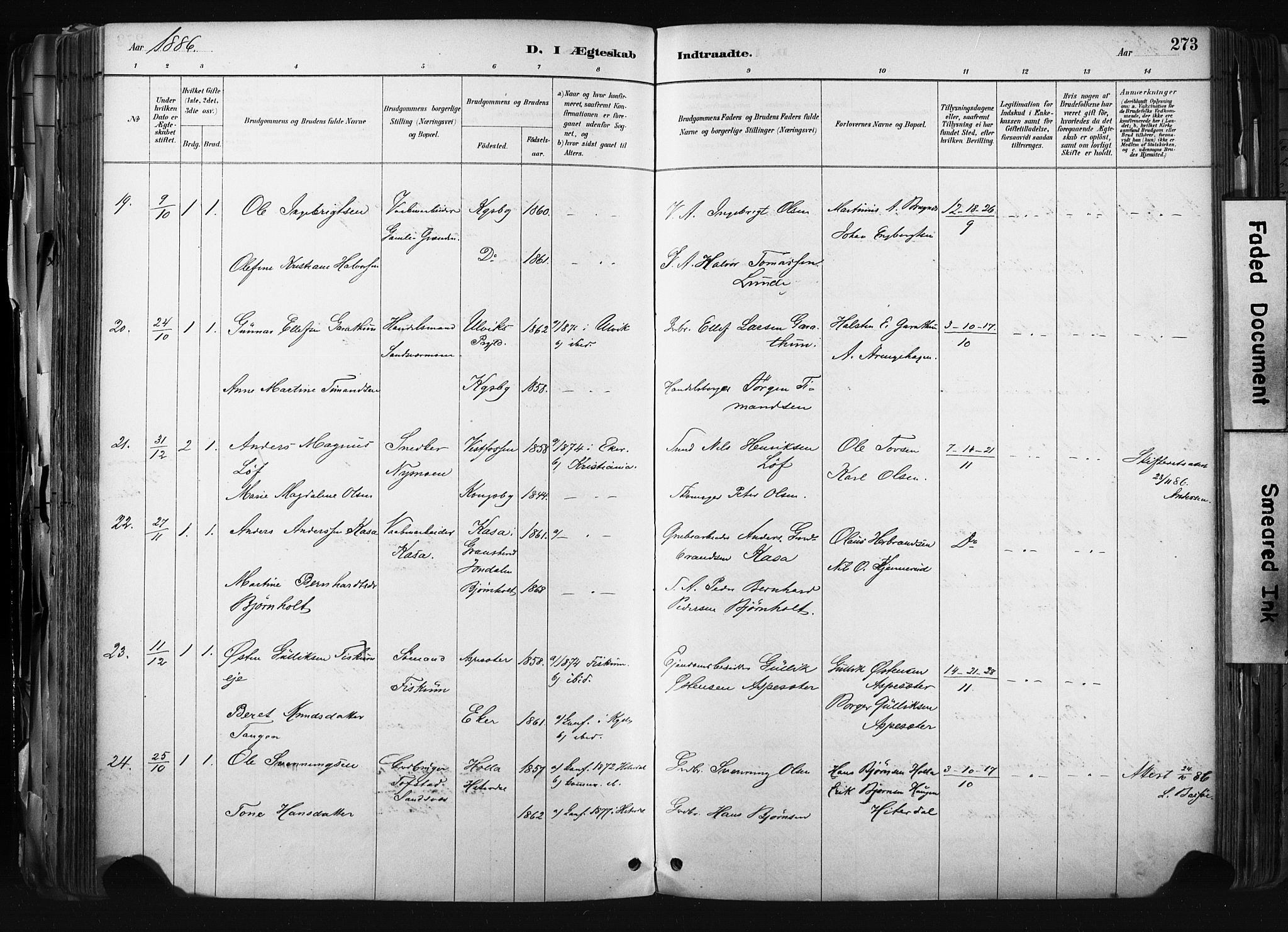 Kongsberg kirkebøker, SAKO/A-22/F/Fb/L0002: Parish register (official) no. II 2, 1886-1896, p. 273