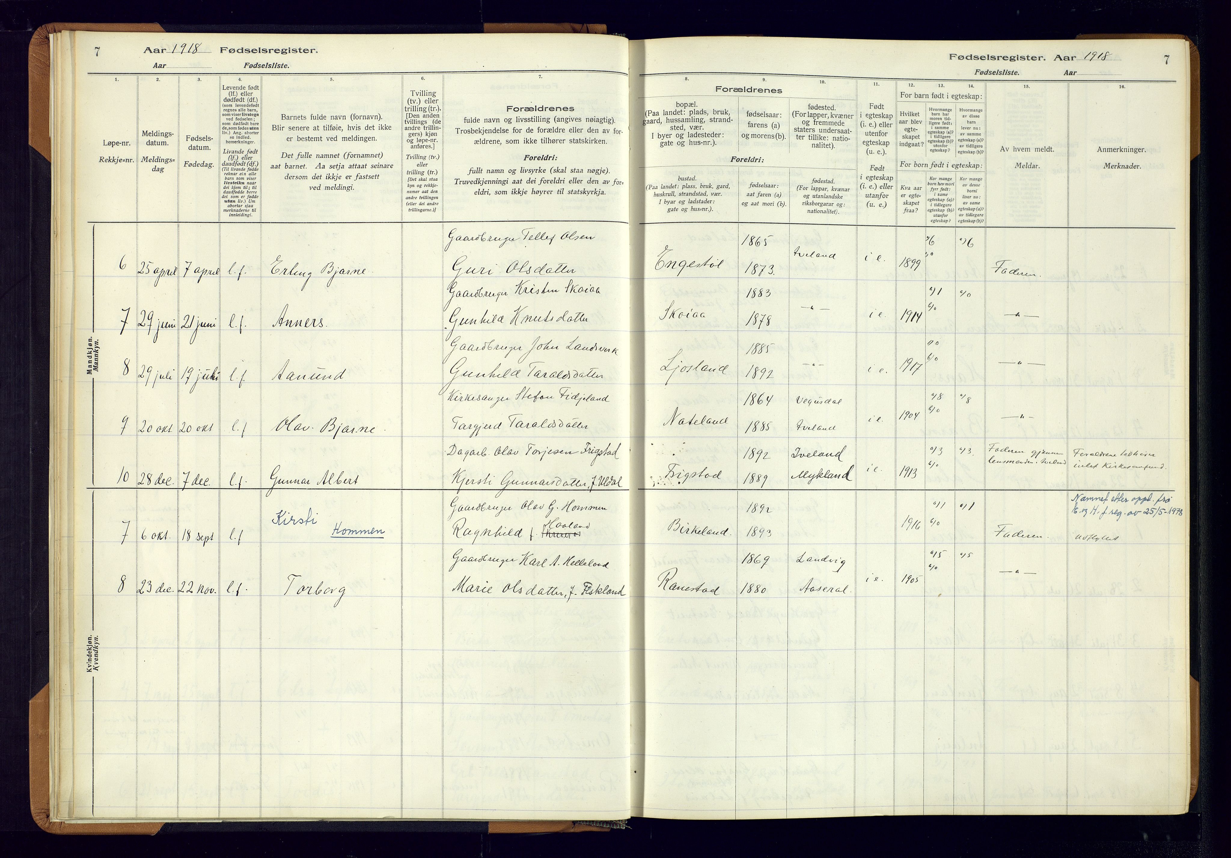 Evje sokneprestkontor, AV/SAK-1111-0008/J/Jc/L0003: Birth register no. II.4.3, 1916-1982, p. 7