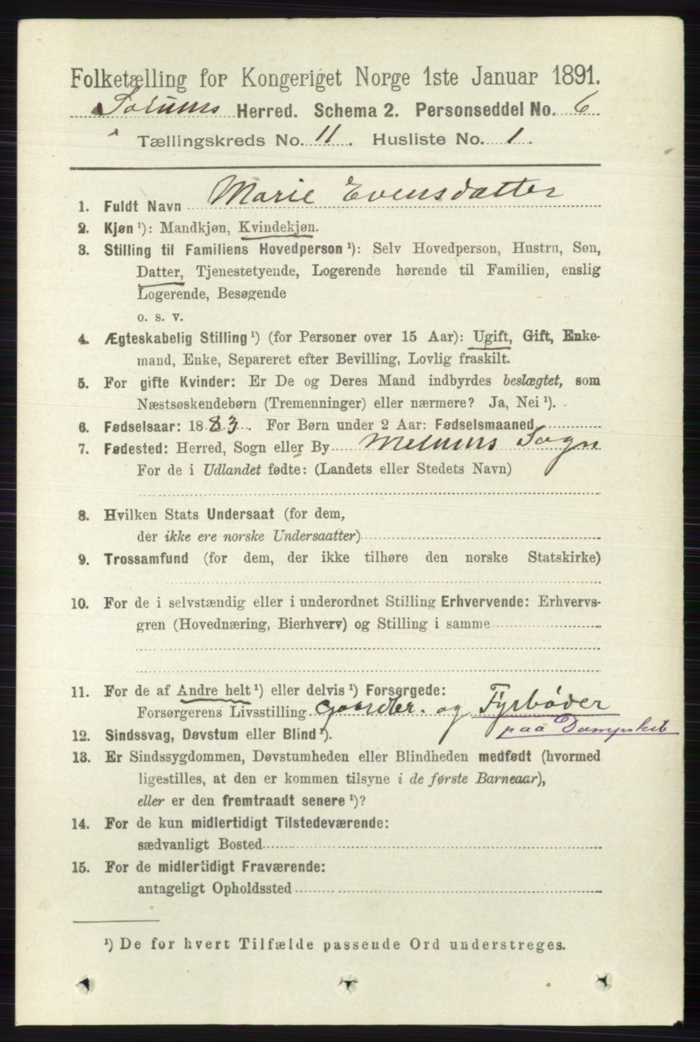 RA, 1891 census for 0818 Solum, 1891, p. 5292