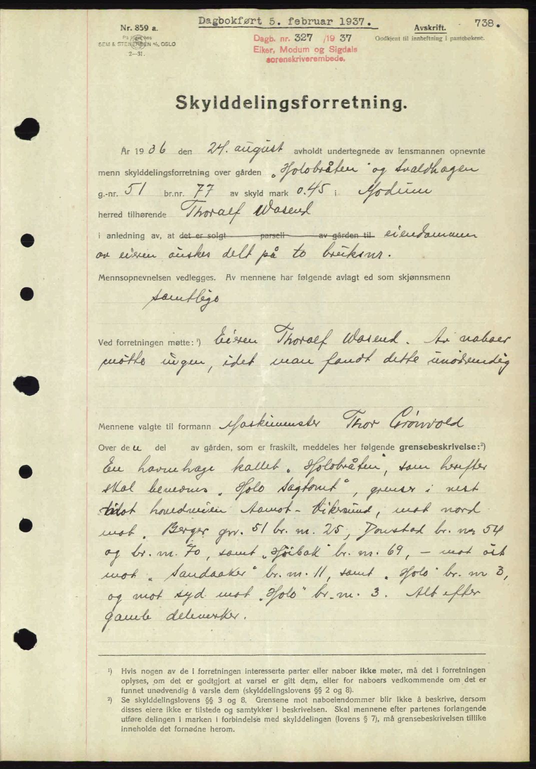 Eiker, Modum og Sigdal sorenskriveri, SAKO/A-123/G/Ga/Gab/L0034: Mortgage book no. A4, 1936-1937, Diary no: : 327/1937