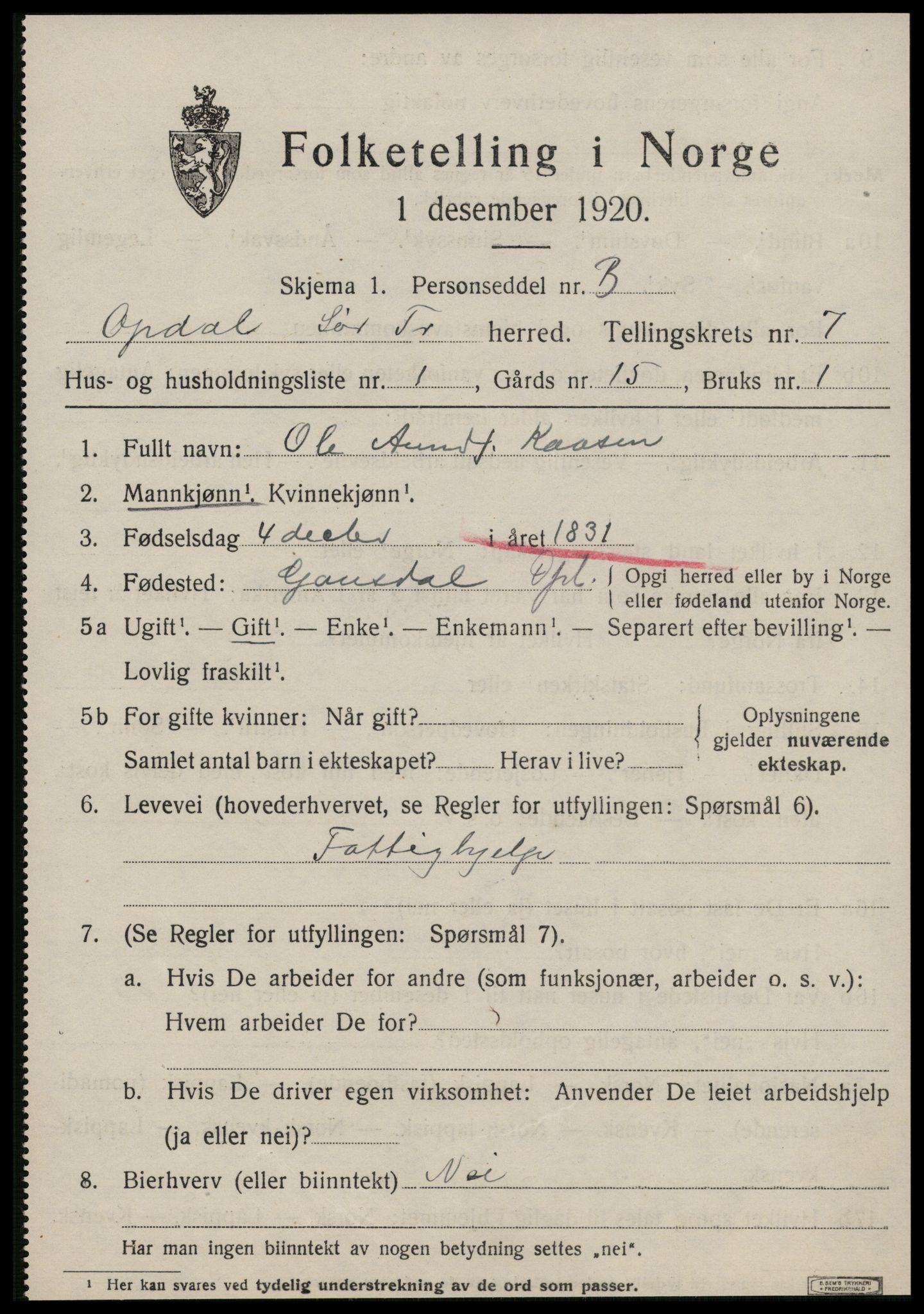 SAT, 1920 census for Oppdal, 1920, p. 5703