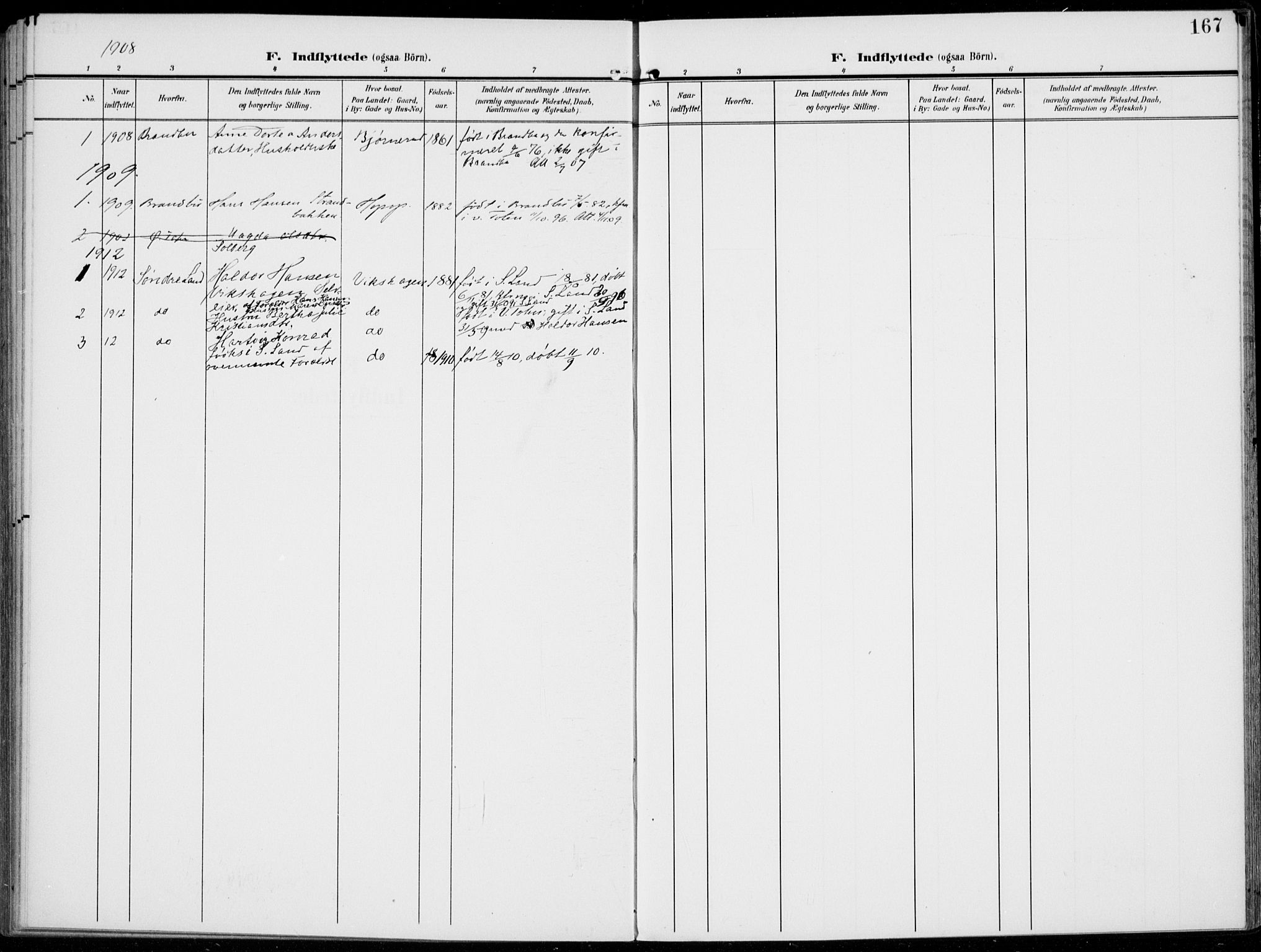 Kolbu prestekontor, SAH/PREST-110/H/Ha/Haa/L0001: Parish register (official) no. 1, 1907-1923, p. 167