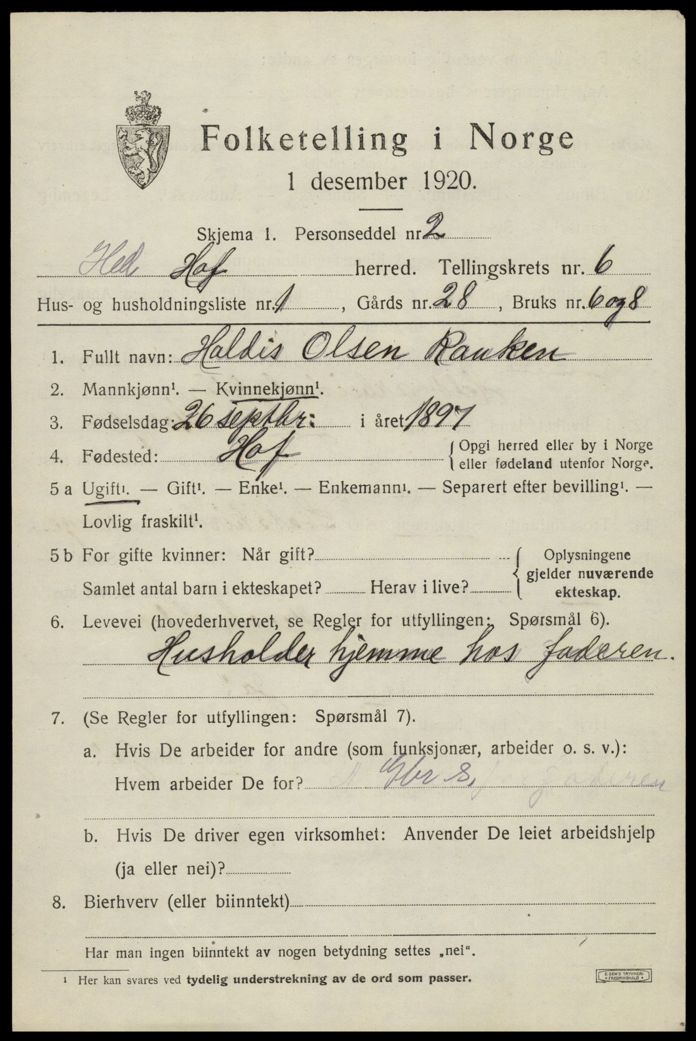 SAH, 1920 census for Hof, 1920, p. 7583