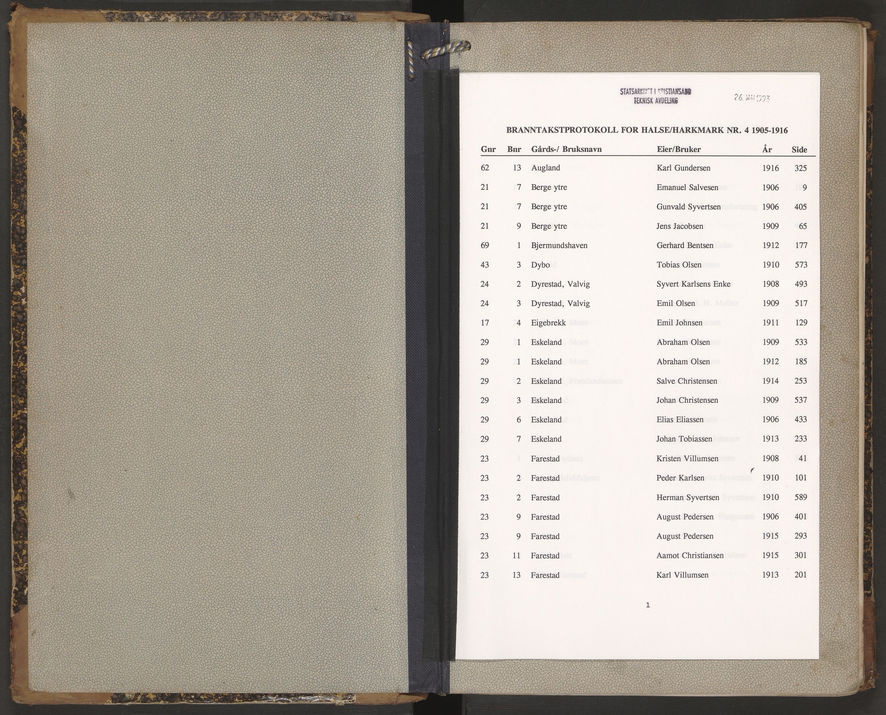 Norges Brannkasse Halse og Harkmark, AV/SAK-2241-0020/F/Fa/L0004: Branntakstprotokoll nr. 4 med gårdsnavnregister, 1905-1910