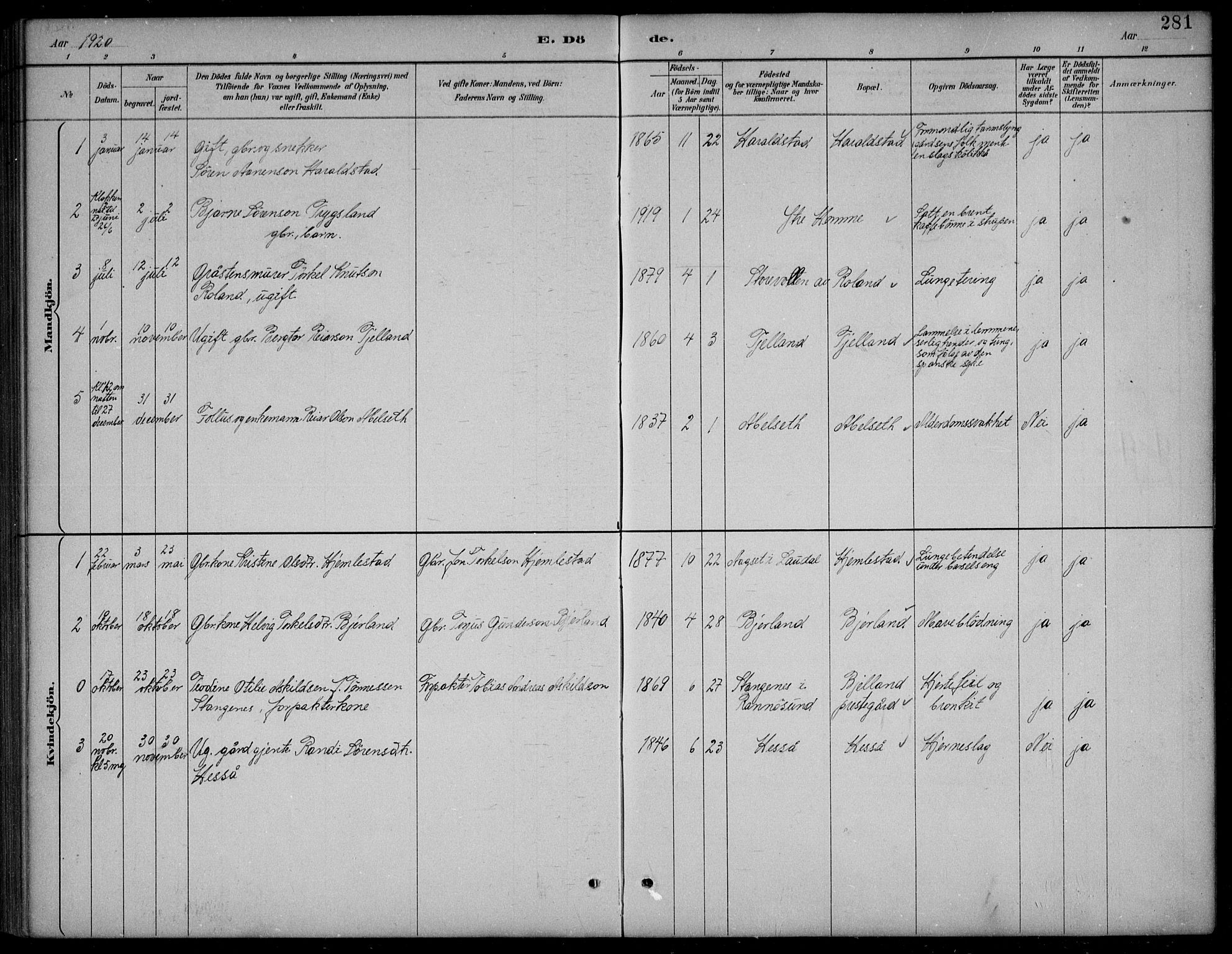 Bjelland sokneprestkontor, AV/SAK-1111-0005/F/Fb/Fba/L0005: Parish register (copy) no. B 5, 1887-1923, p. 281