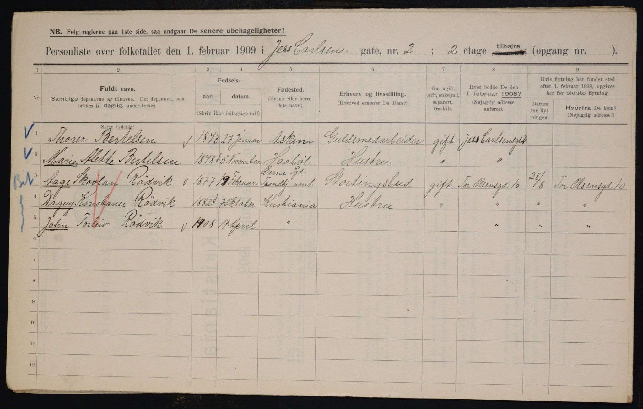 OBA, Municipal Census 1909 for Kristiania, 1909, p. 42907