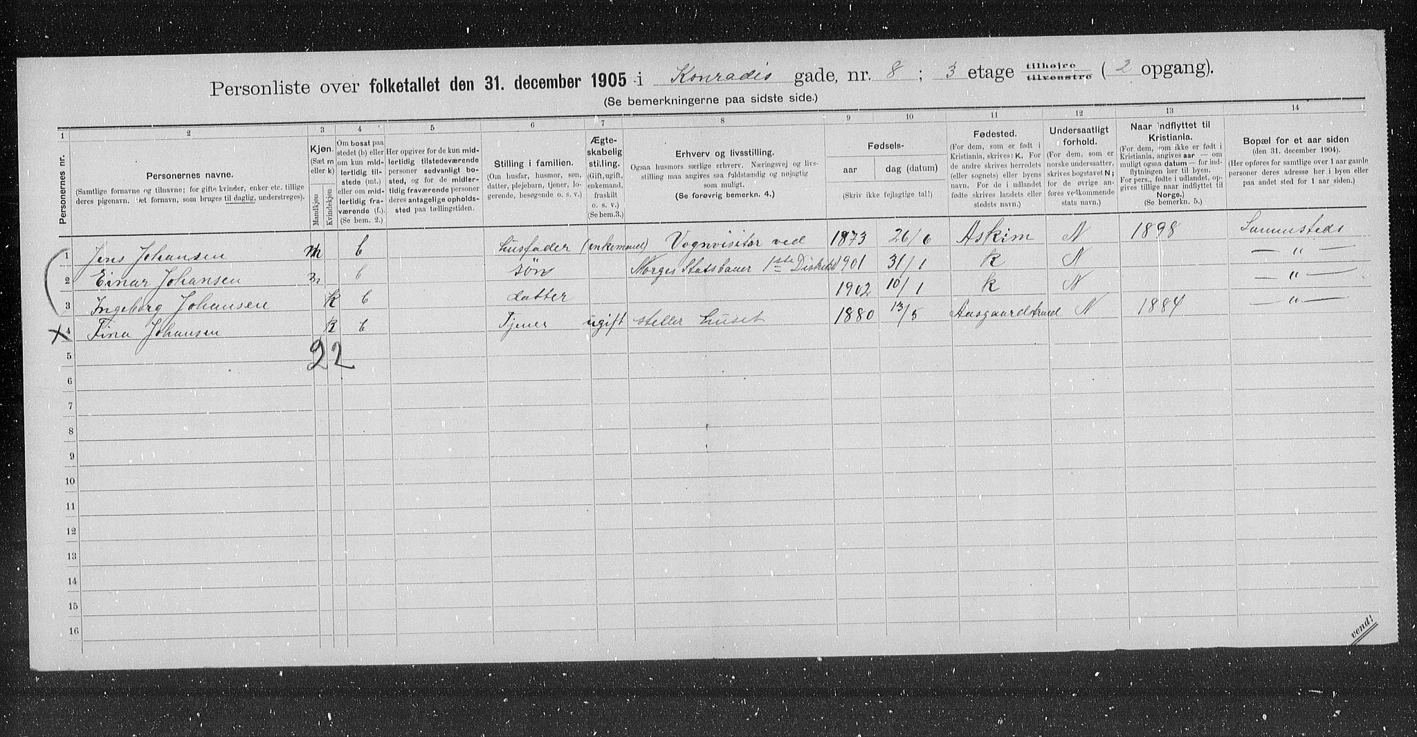 OBA, Municipal Census 1905 for Kristiania, 1905, p. 7062