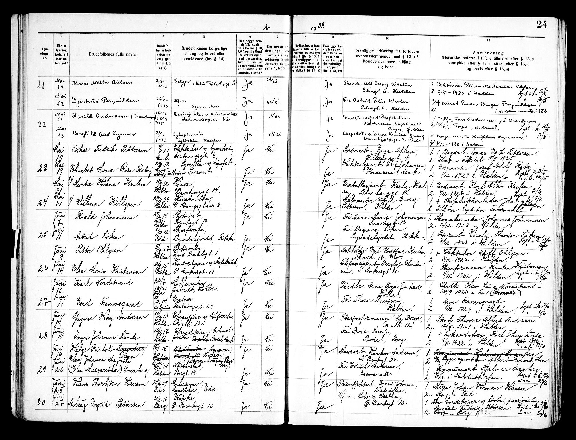 Halden prestekontor Kirkebøker, SAO/A-10909/H/Ha/L0002: Banns register no. I 2, 1935-1949, p. 24