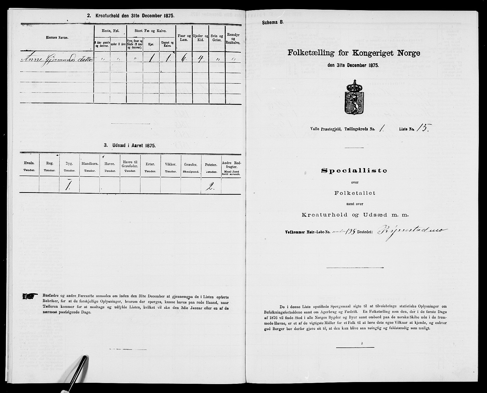 SAK, 1875 census for 0940P Valle, 1875, p. 69