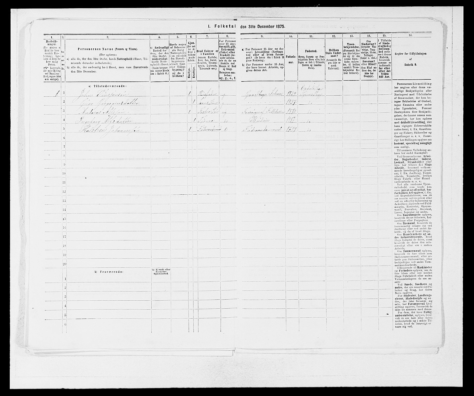 SAB, 1875 census for 1223P Tysnes, 1875, p. 539