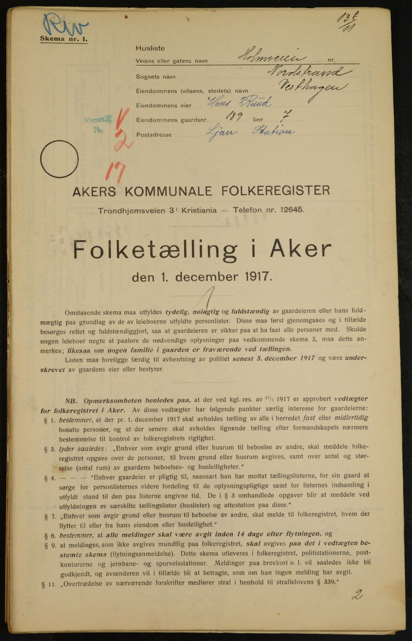 OBA, Municipal Census 1917 for Aker, 1917, p. 16352