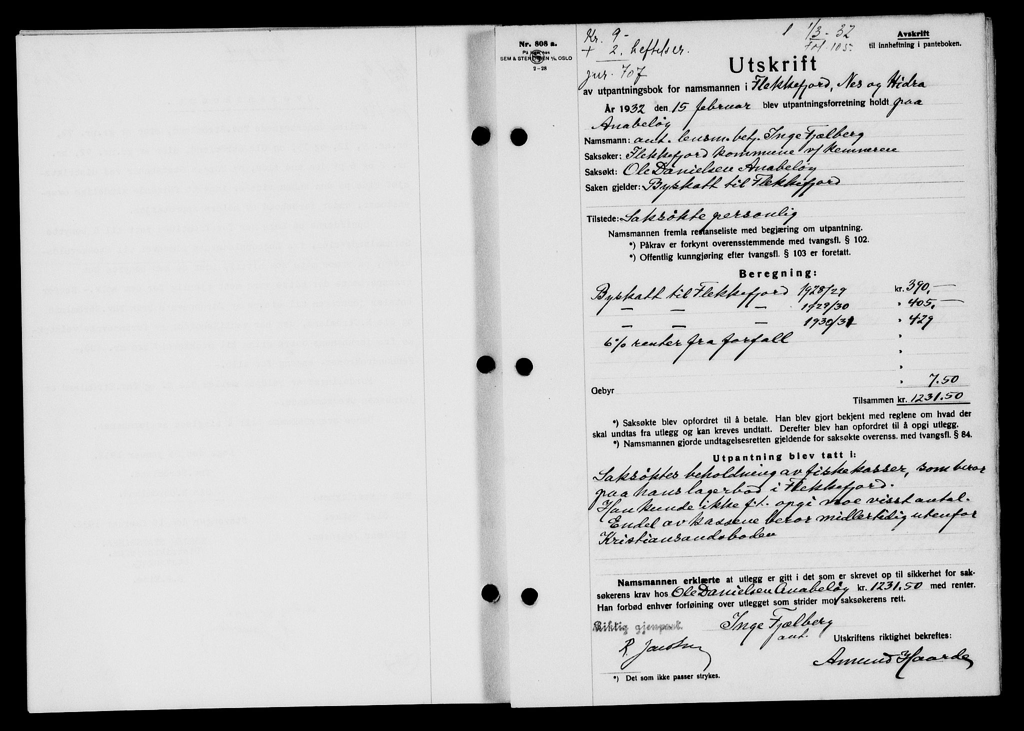 Flekkefjord sorenskriveri, SAK/1221-0001/G/Gb/Gba/L0047: Mortgage book no. 45, 1931-1932, Deed date: 01.03.1932