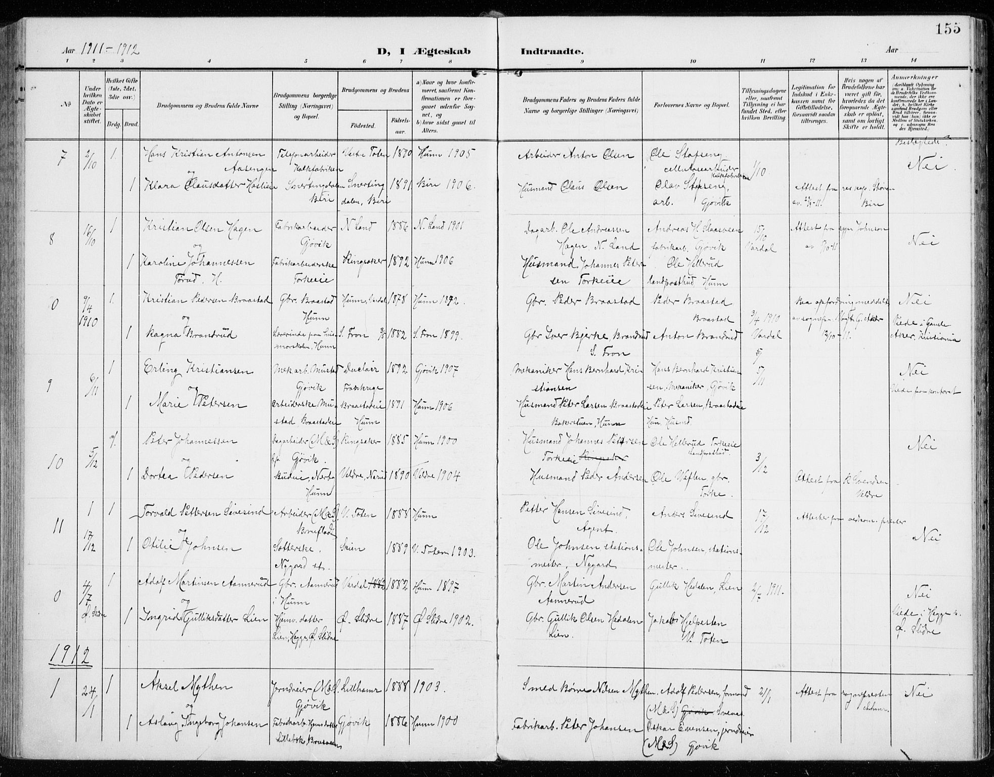 Vardal prestekontor, SAH/PREST-100/H/Ha/Haa/L0016: Parish register (official) no. 16, 1904-1916, p. 155