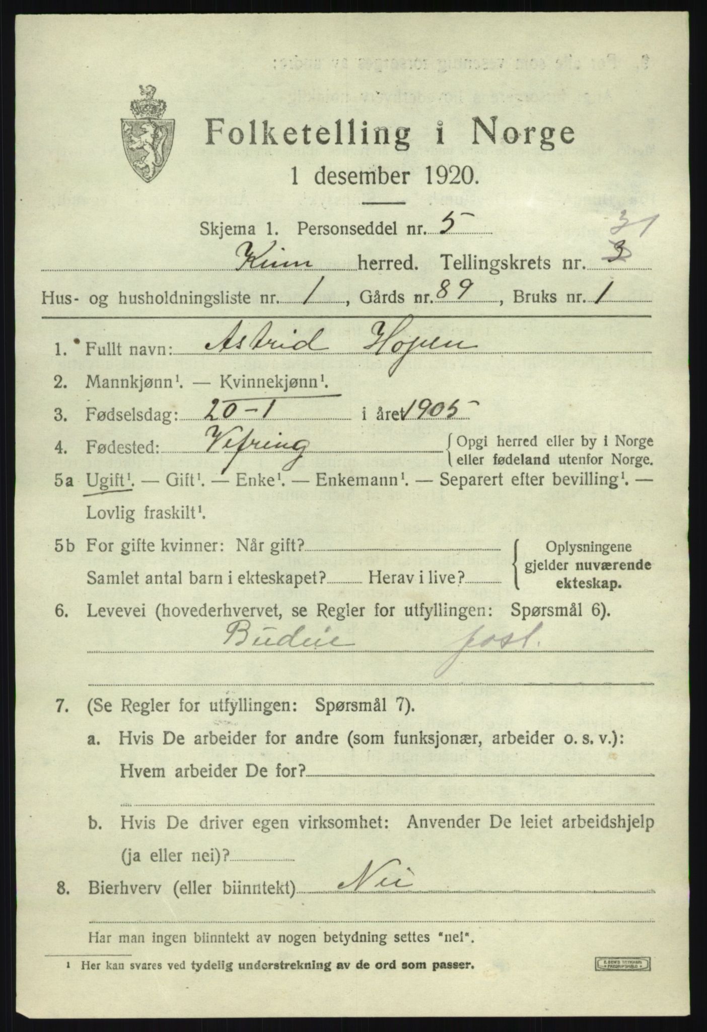 SAB, 1920 census for Kinn, 1920, p. 10647