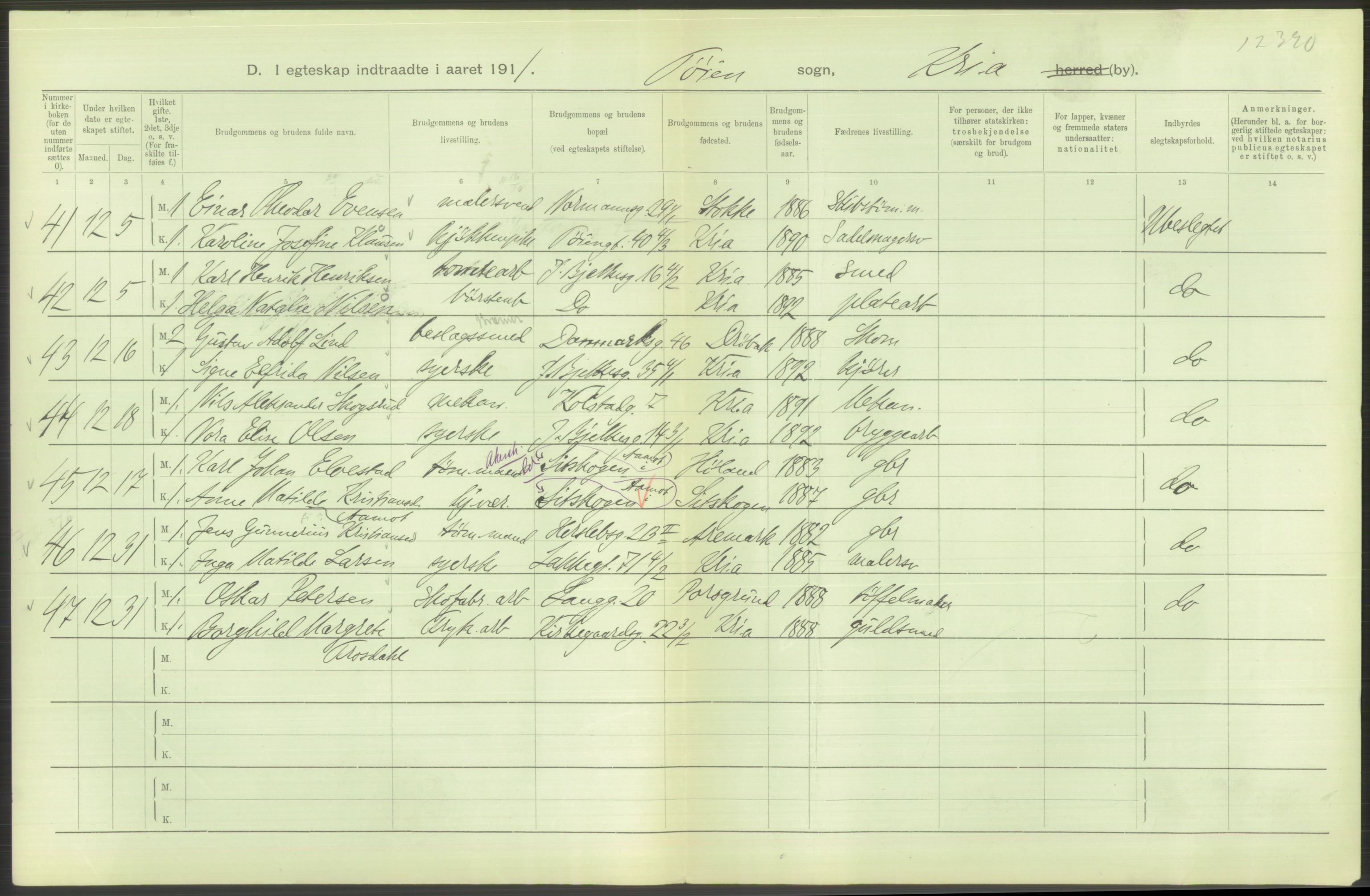 Statistisk sentralbyrå, Sosiodemografiske emner, Befolkning, AV/RA-S-2228/D/Df/Dfb/Dfba/L0008: Kristiania: Gifte, 1911, p. 160