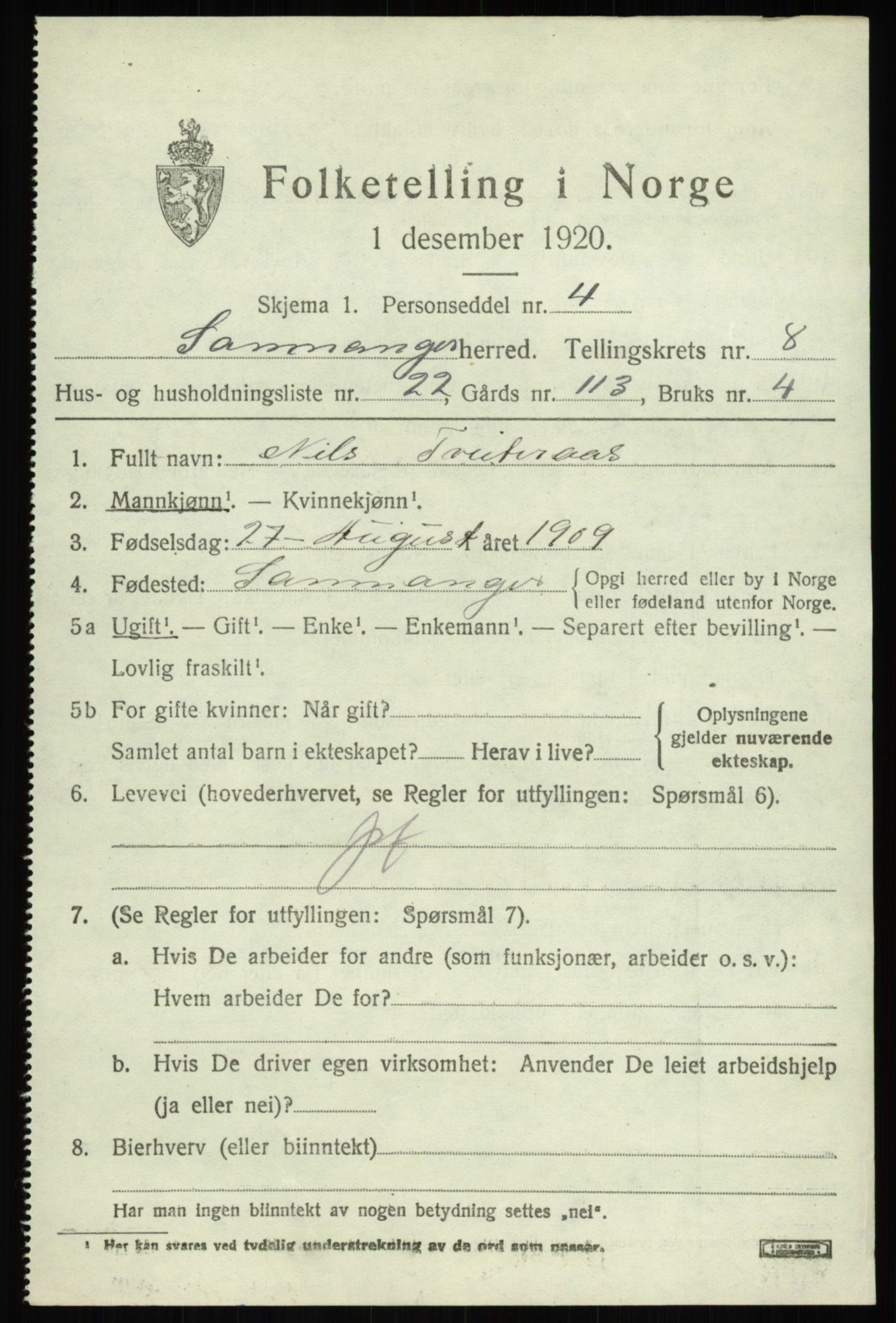 SAB, 1920 census for Samnanger, 1920, p. 3845