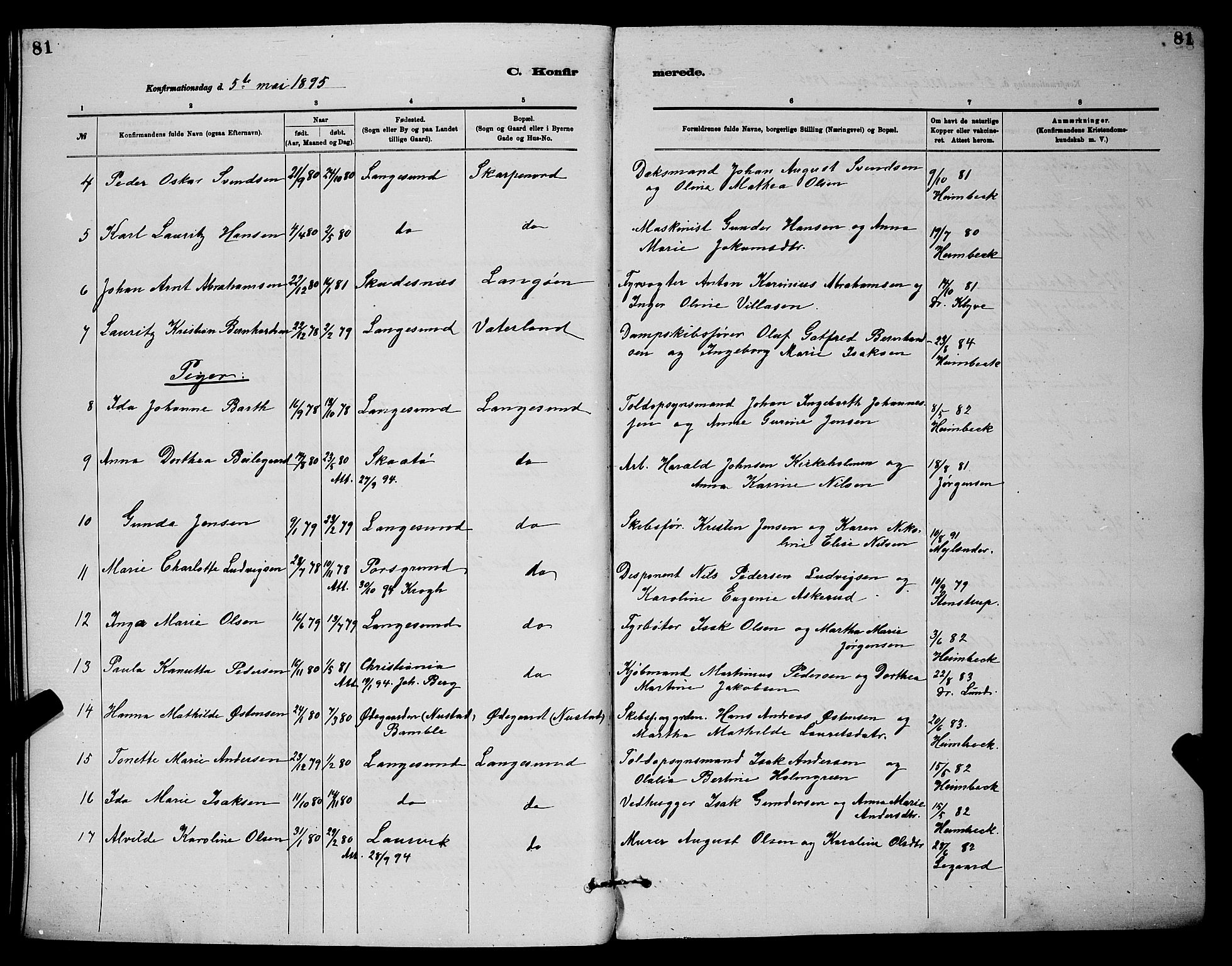 Langesund kirkebøker, SAKO/A-280/G/Ga/L0005: Parish register (copy) no. 5, 1884-1898, p. 81