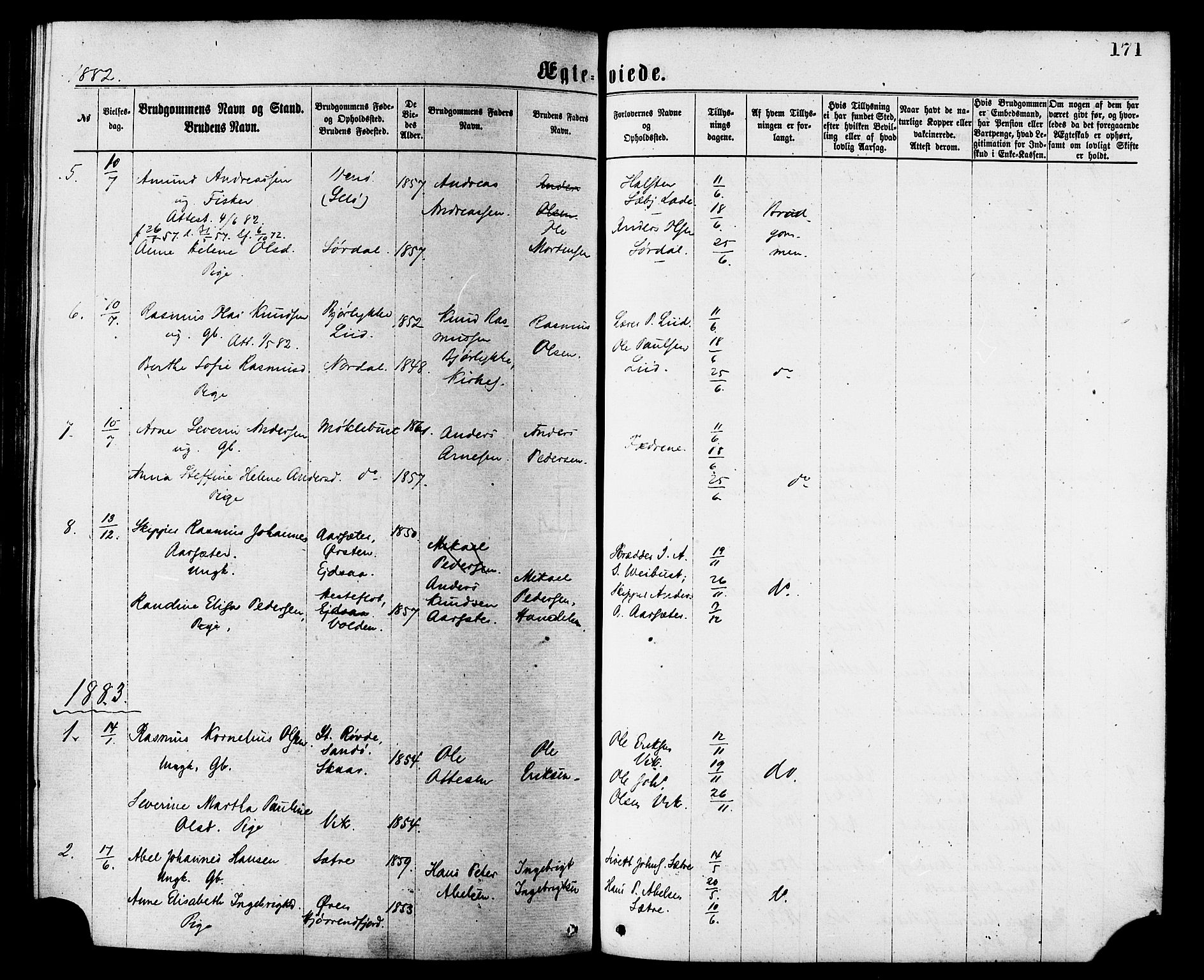 Ministerialprotokoller, klokkerbøker og fødselsregistre - Møre og Romsdal, AV/SAT-A-1454/502/L0024: Parish register (official) no. 502A02, 1873-1884, p. 171