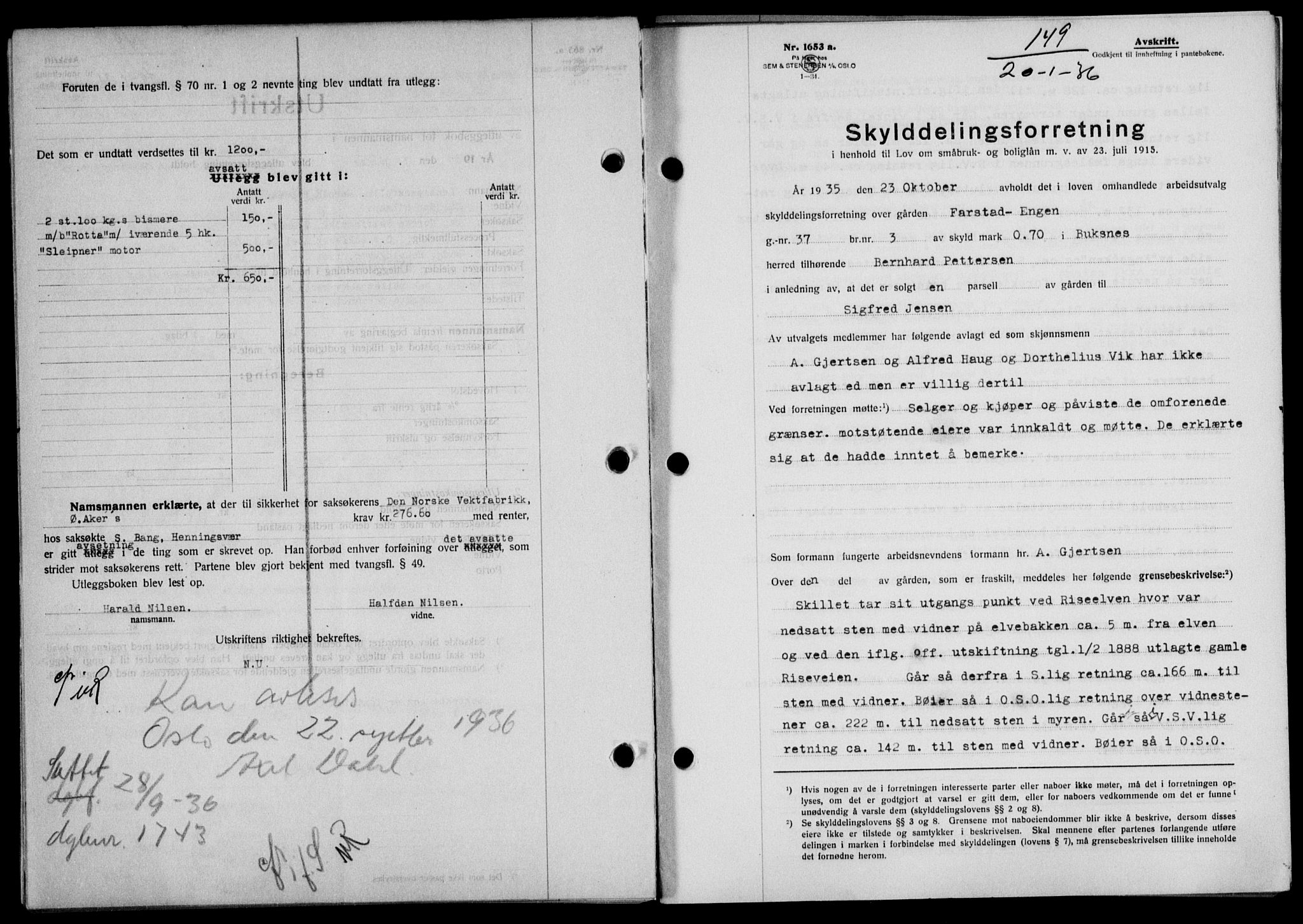 Lofoten sorenskriveri, SAT/A-0017/1/2/2C/L0033b: Mortgage book no. 33b, 1936-1936, Diary no: : 149/1936