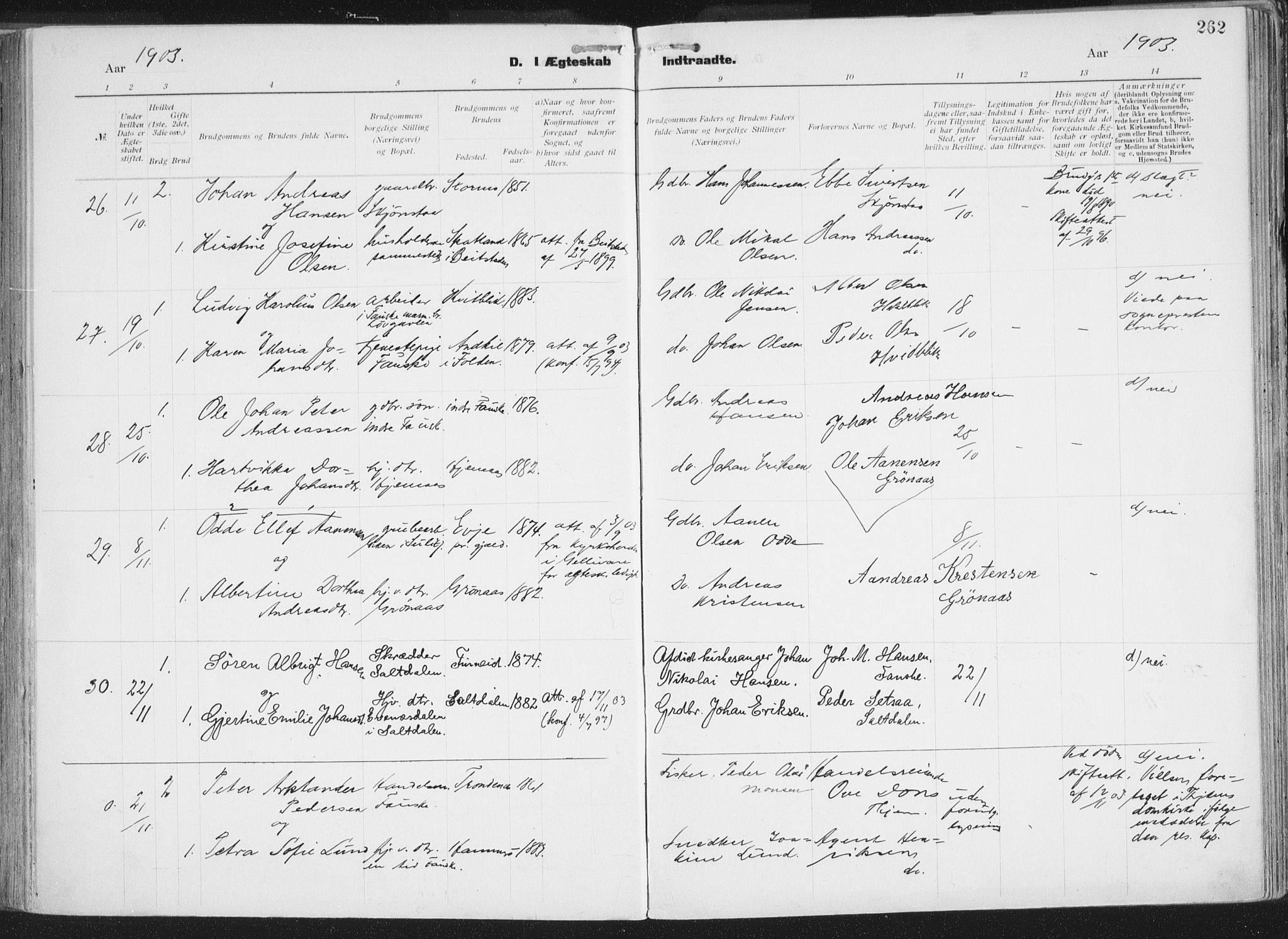 Ministerialprotokoller, klokkerbøker og fødselsregistre - Nordland, AV/SAT-A-1459/849/L0696: Parish register (official) no. 849A08, 1898-1910, p. 262