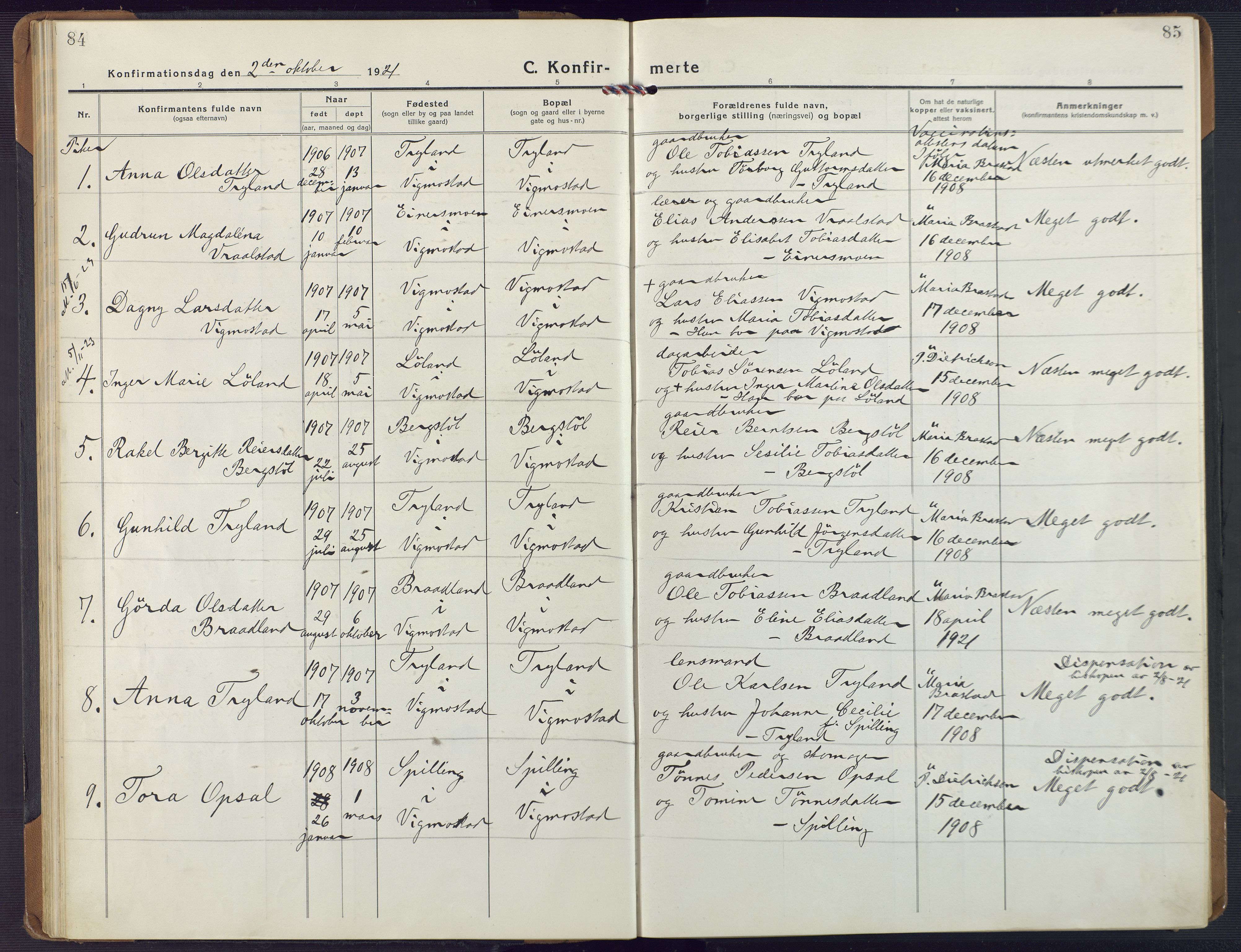 Nord-Audnedal sokneprestkontor, AV/SAK-1111-0032/F/Fa/Fab/L0005: Parish register (official) no. A 5, 1918-1925, p. 84-85