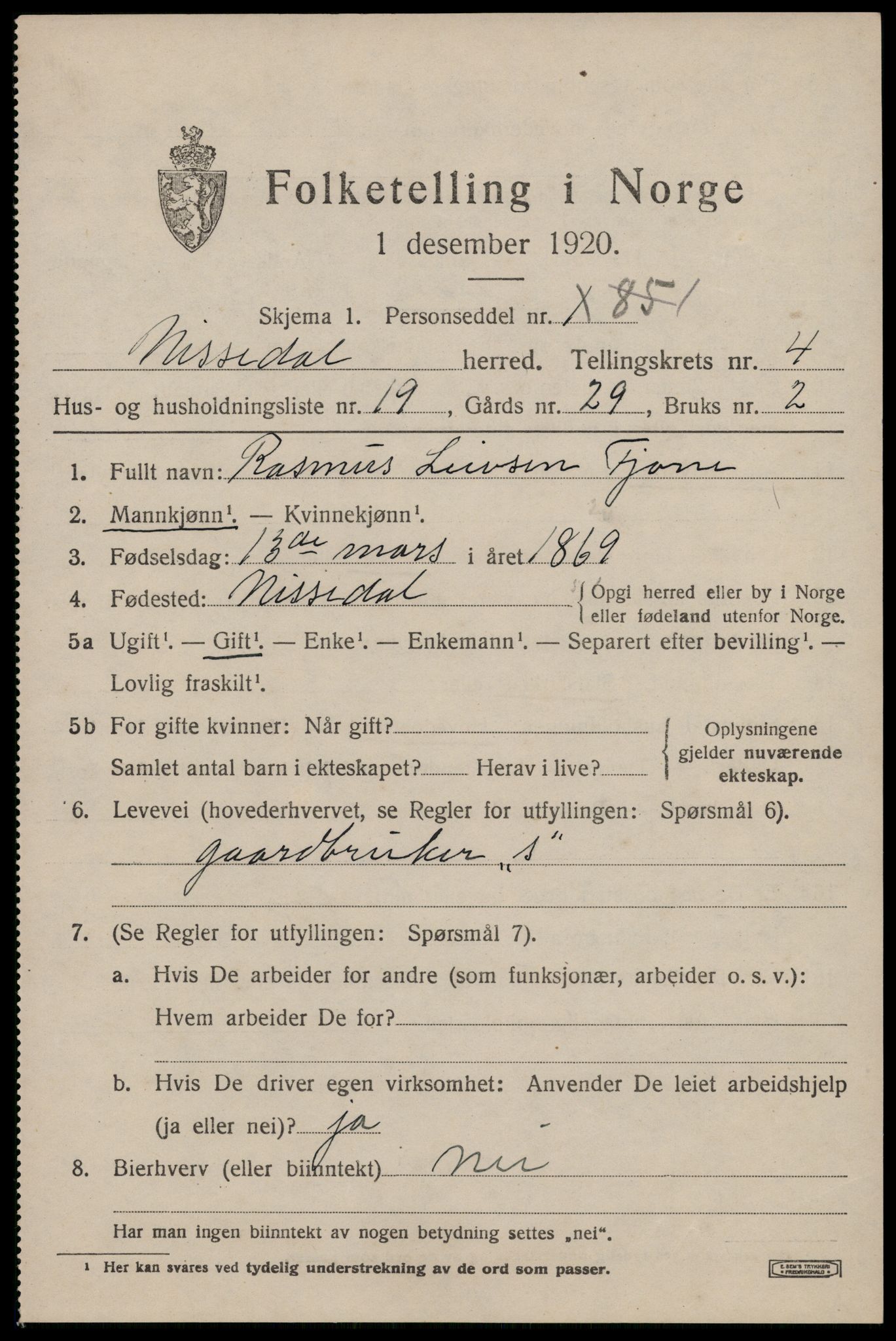 SAKO, 1920 census for Nissedal, 1920, p. 1997