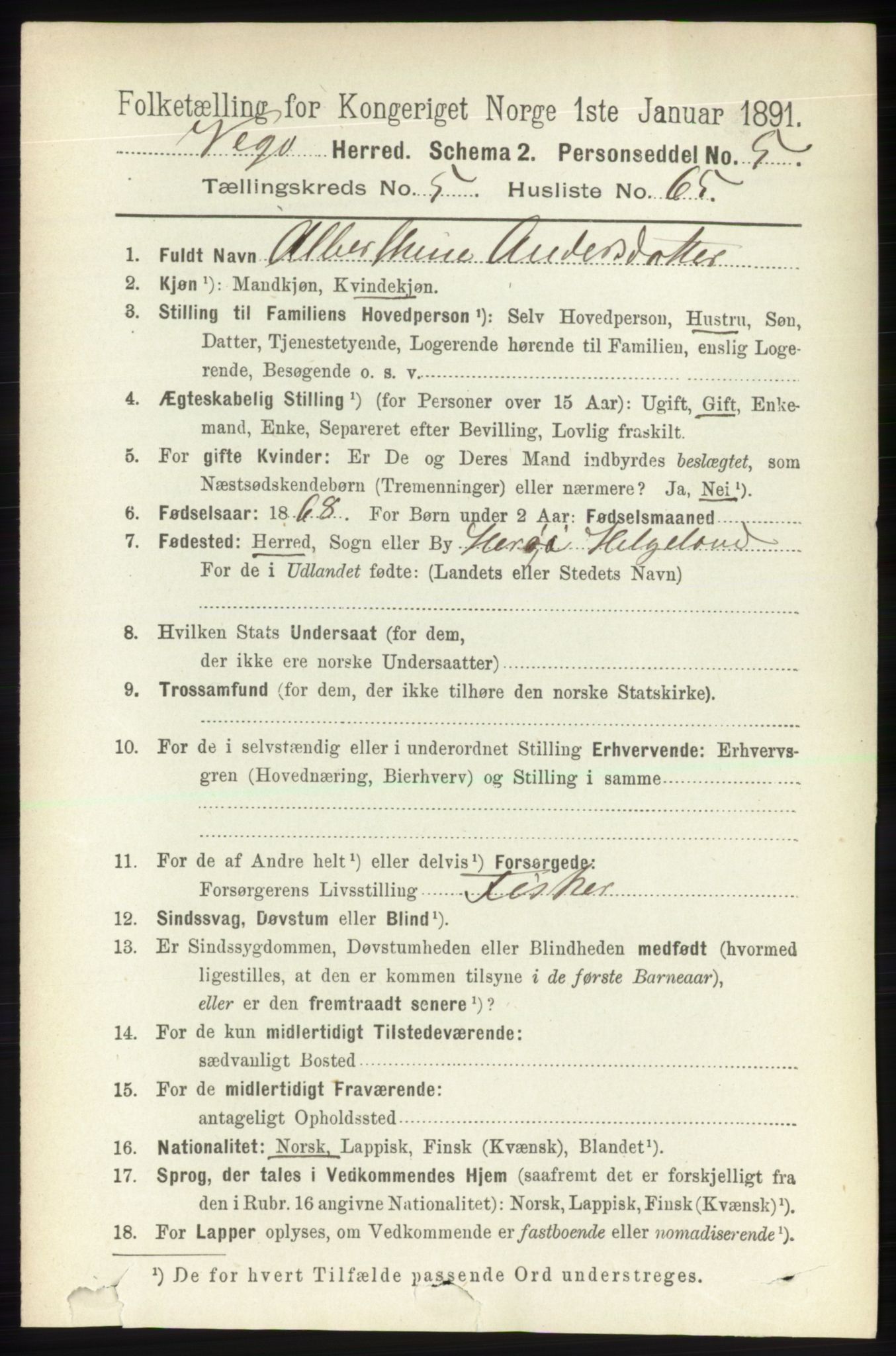 RA, 1891 census for 1815 Vega, 1891, p. 2520