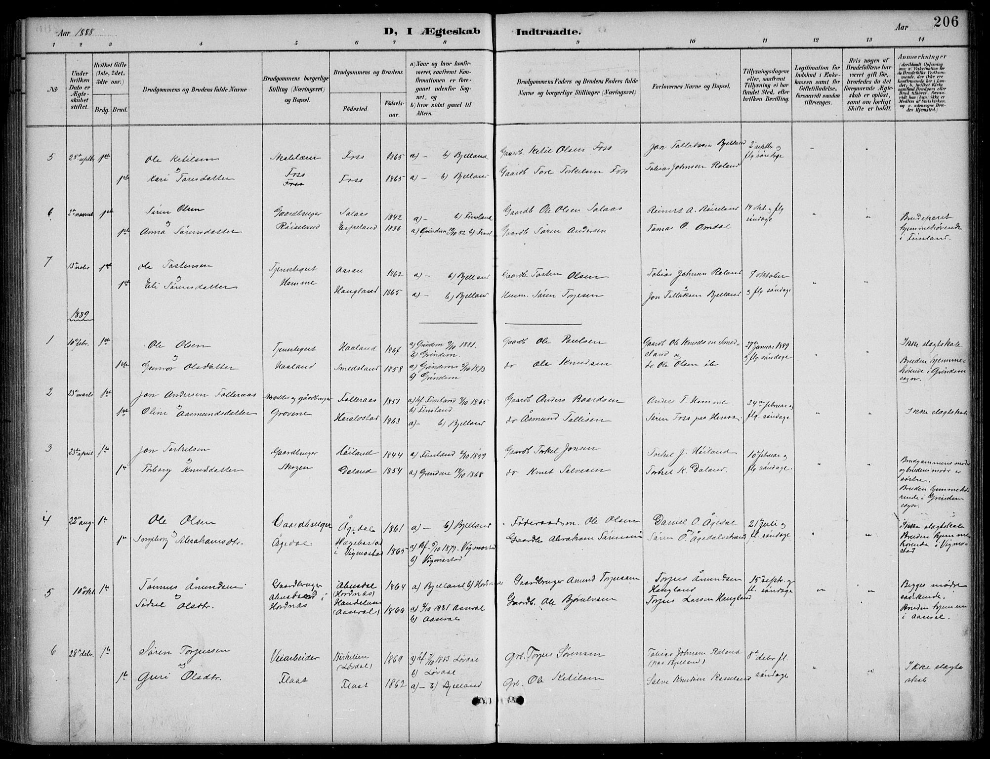 Bjelland sokneprestkontor, SAK/1111-0005/F/Fb/Fba/L0005: Parish register (copy) no. B 5, 1887-1923, p. 206