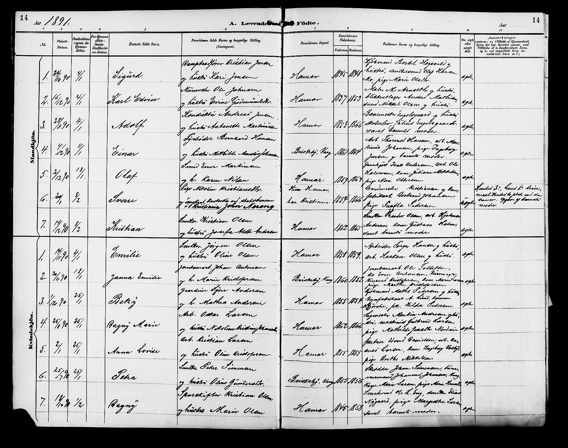 Vang prestekontor, Hedmark, SAH/PREST-008/H/Ha/Hab/L0013: Parish register (copy) no. 13, 1890-1899, p. 14