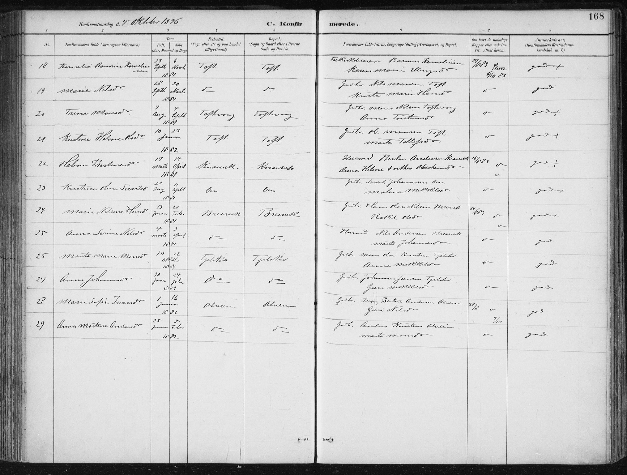 Herdla Sokneprestembete, SAB/A-75701/H/Haa: Parish register (official) no. A 4, 1891-1905, p. 168
