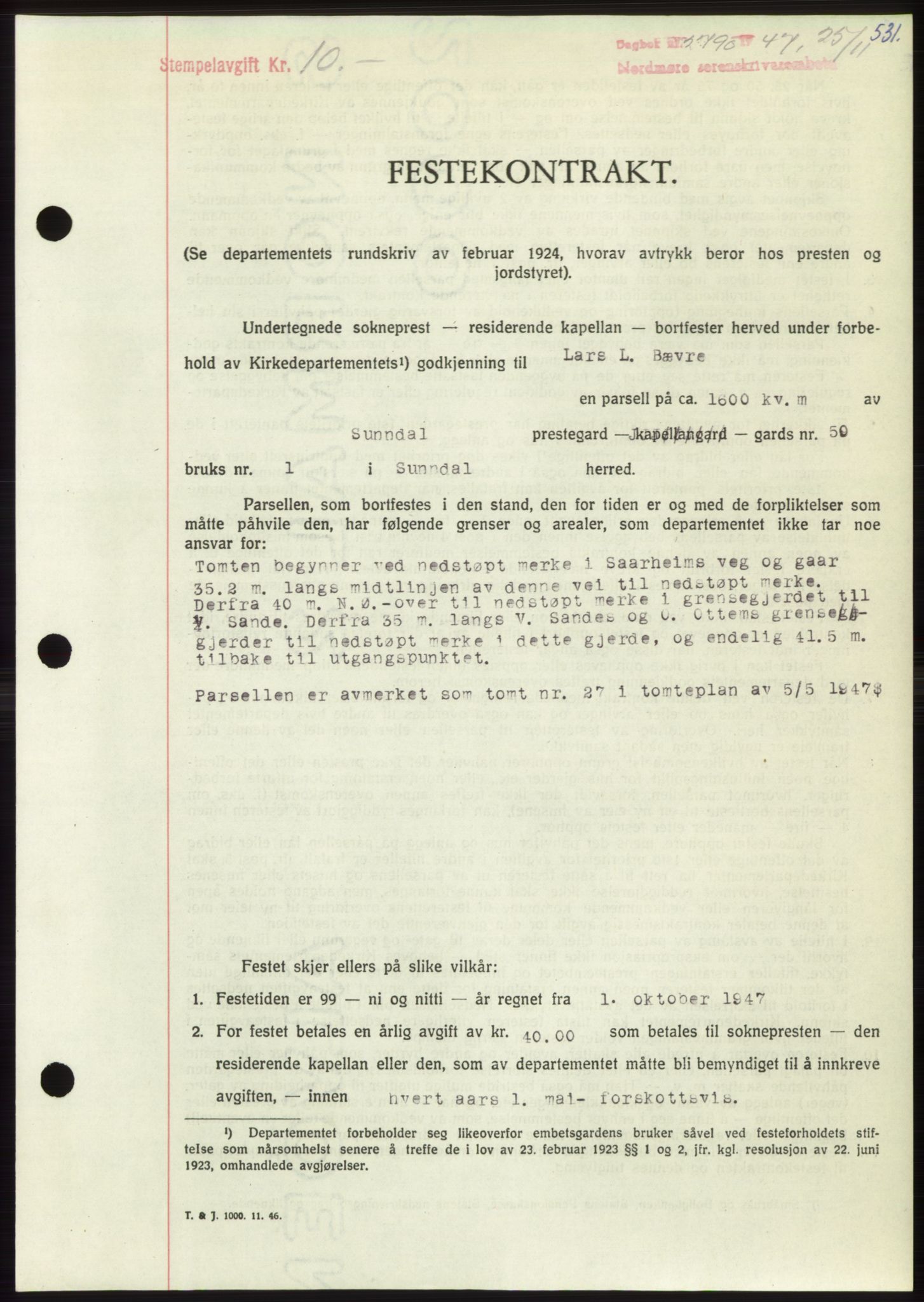 Nordmøre sorenskriveri, AV/SAT-A-4132/1/2/2Ca: Mortgage book no. B97, 1947-1948, Diary no: : 2790/1947