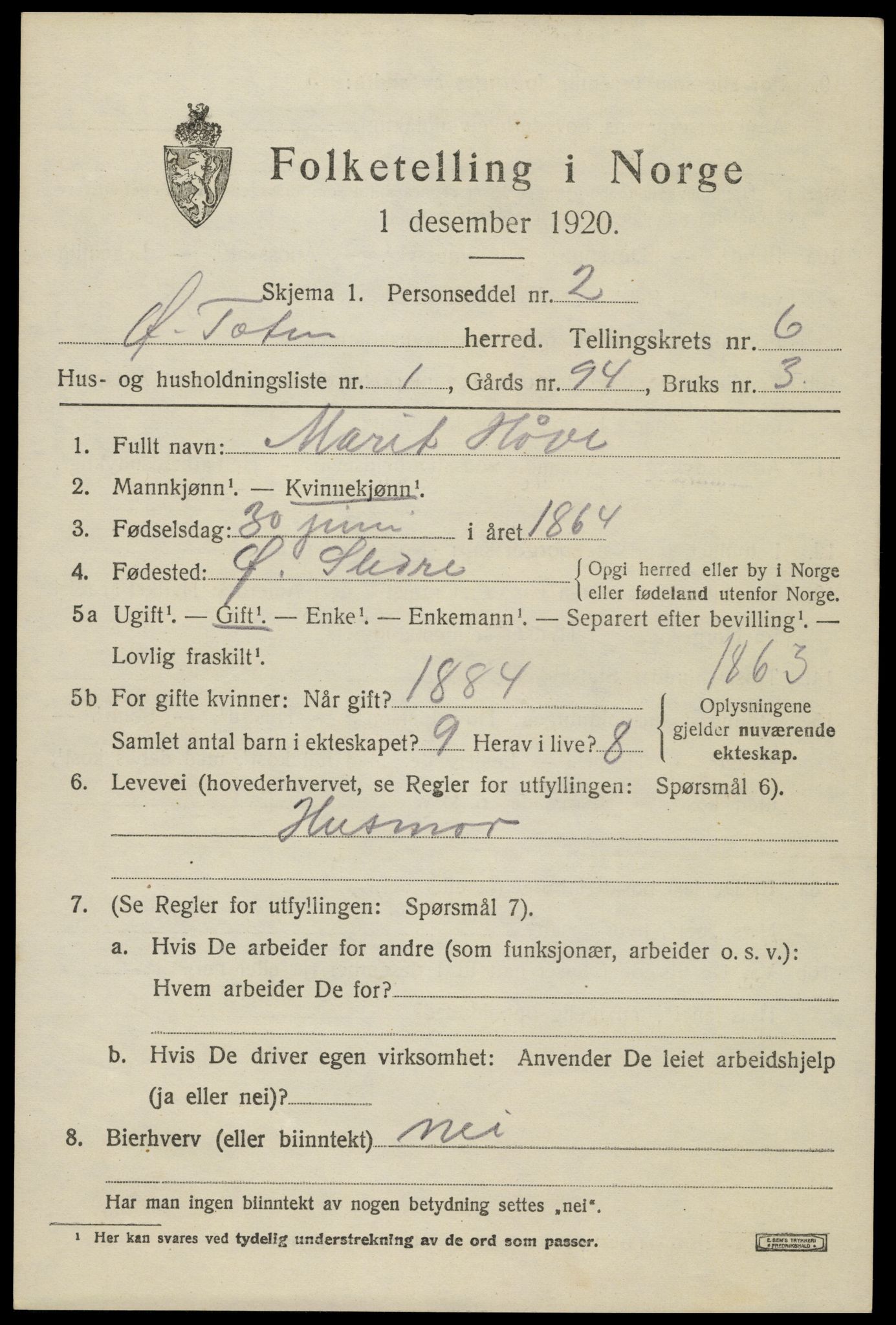 SAH, 1920 census for Østre Toten, 1920, p. 13070