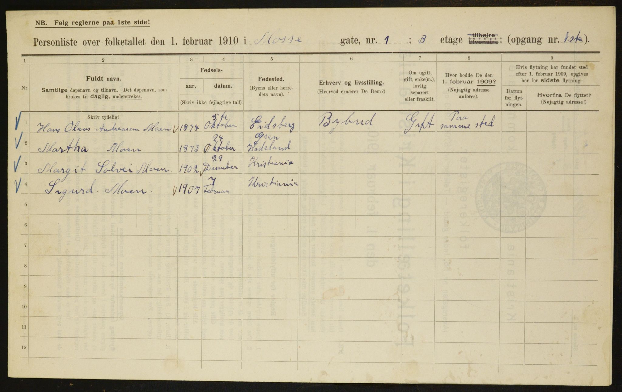 OBA, Municipal Census 1910 for Kristiania, 1910, p. 63557