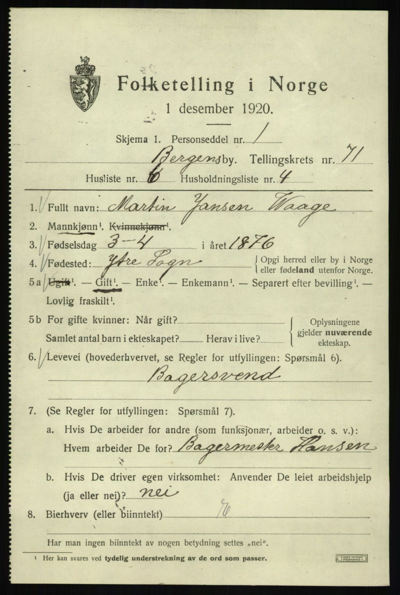 SAB, 1920 census for Bergen, 1920, p. 140329