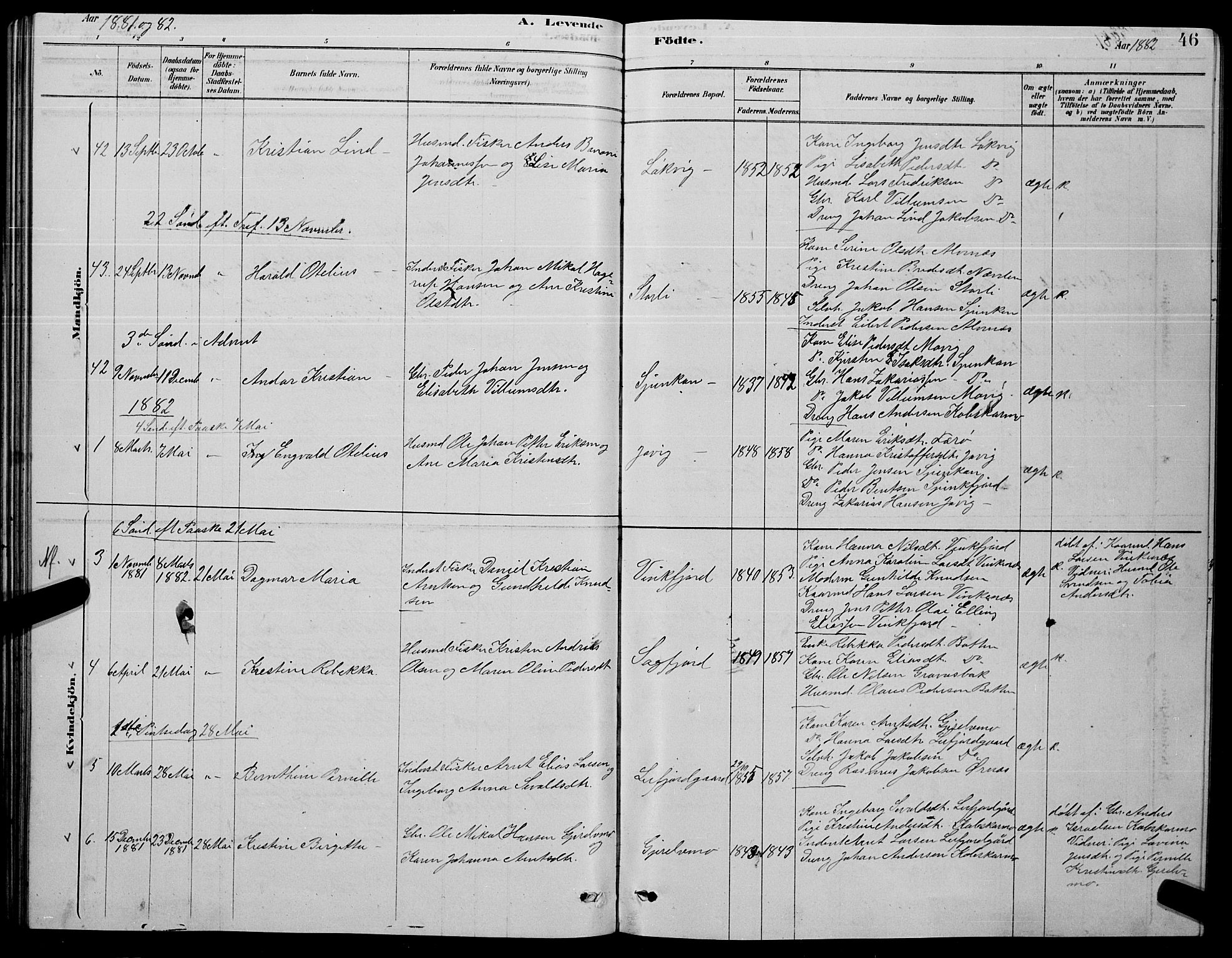 Ministerialprotokoller, klokkerbøker og fødselsregistre - Nordland, AV/SAT-A-1459/853/L0776: Parish register (copy) no. 853C04, 1878-1889, p. 46