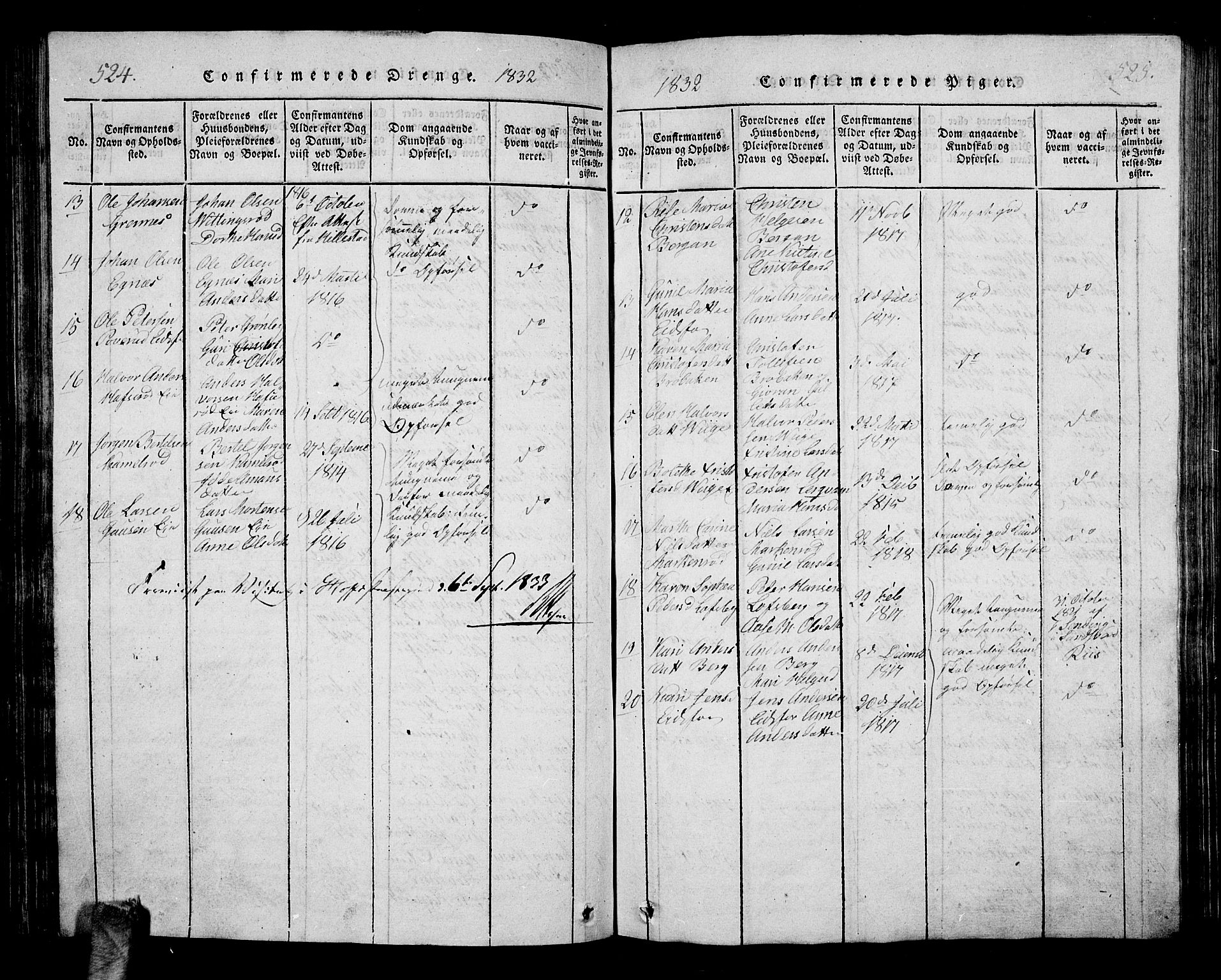 Hof kirkebøker, SAKO/A-64/G/Ga/L0001: Parish register (copy) no. I 1, 1814-1844, p. 524-525