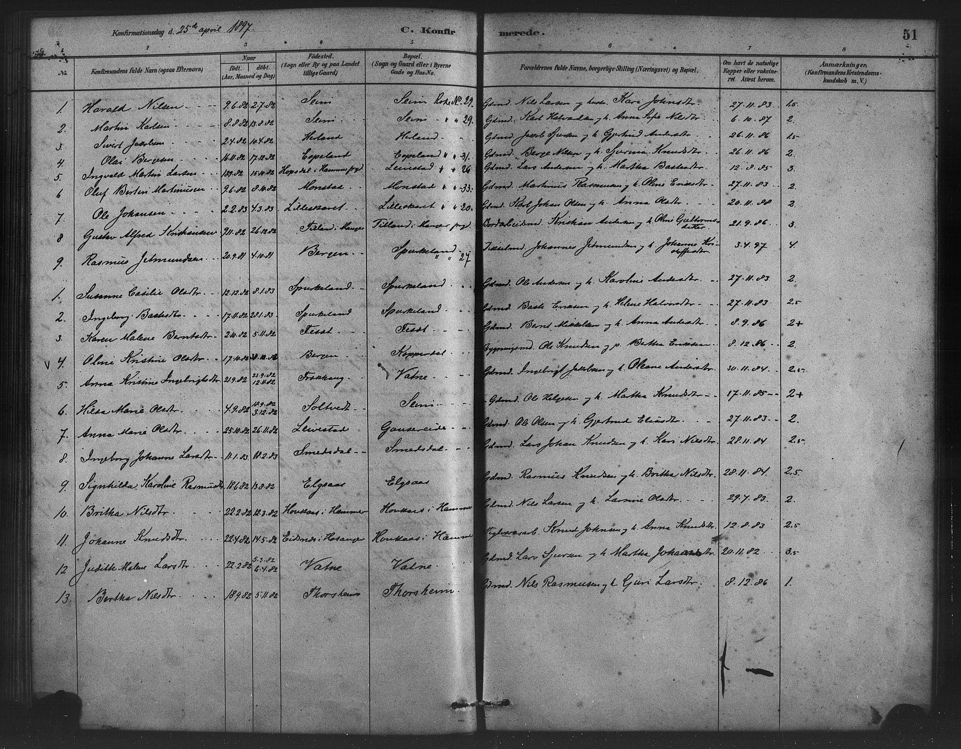 Alversund Sokneprestembete, AV/SAB-A-73901/H/Ha/Haa/Haad/L0001: Parish register (official) no. D 1, 1880-1898, p. 51