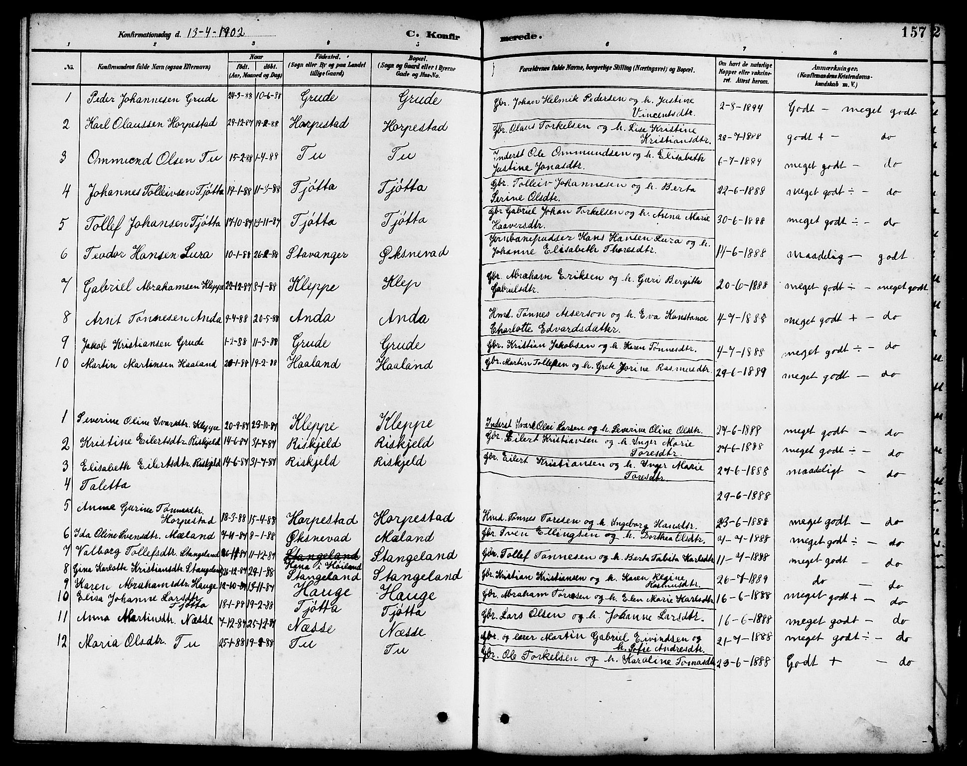 Klepp sokneprestkontor, SAST/A-101803/001/3/30BB/L0004: Parish register (copy) no. B 4, 1889-1914, p. 157